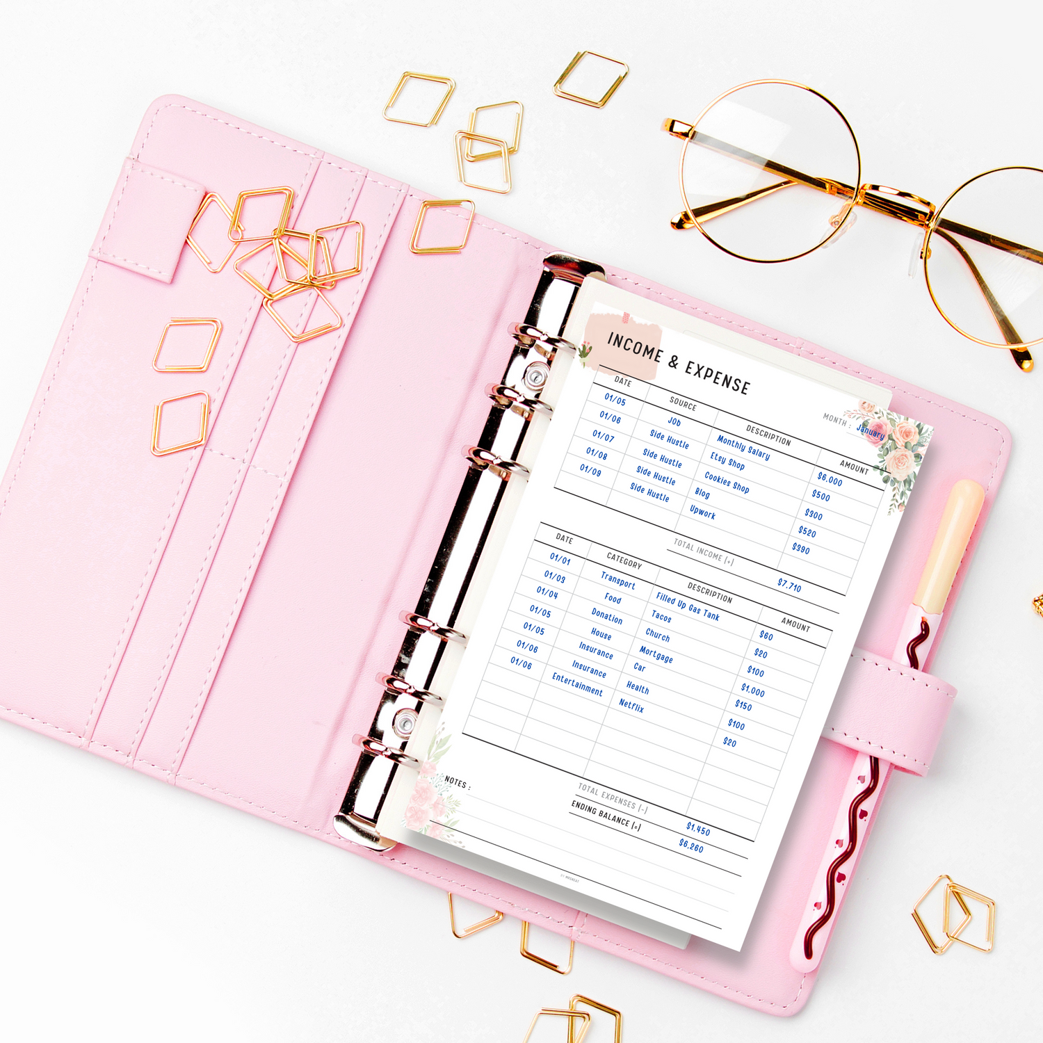 Floral Income Expense Tracker in one page