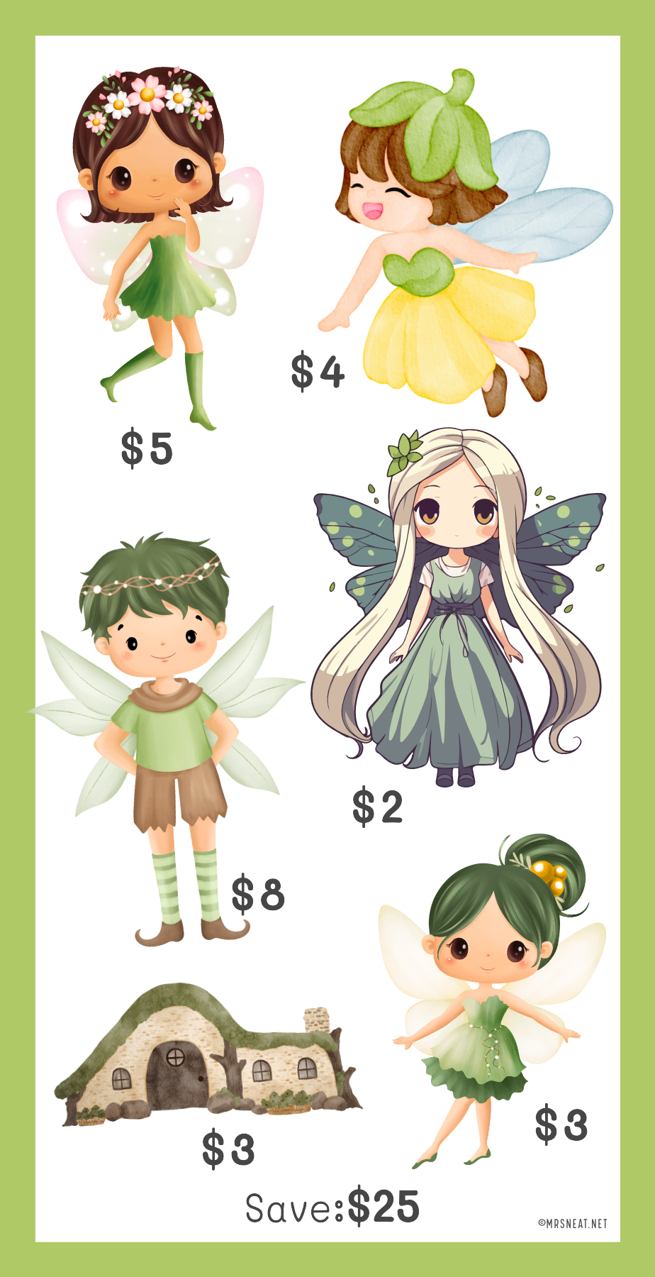 Set of cartoon fairy characters with saving amount on a white background