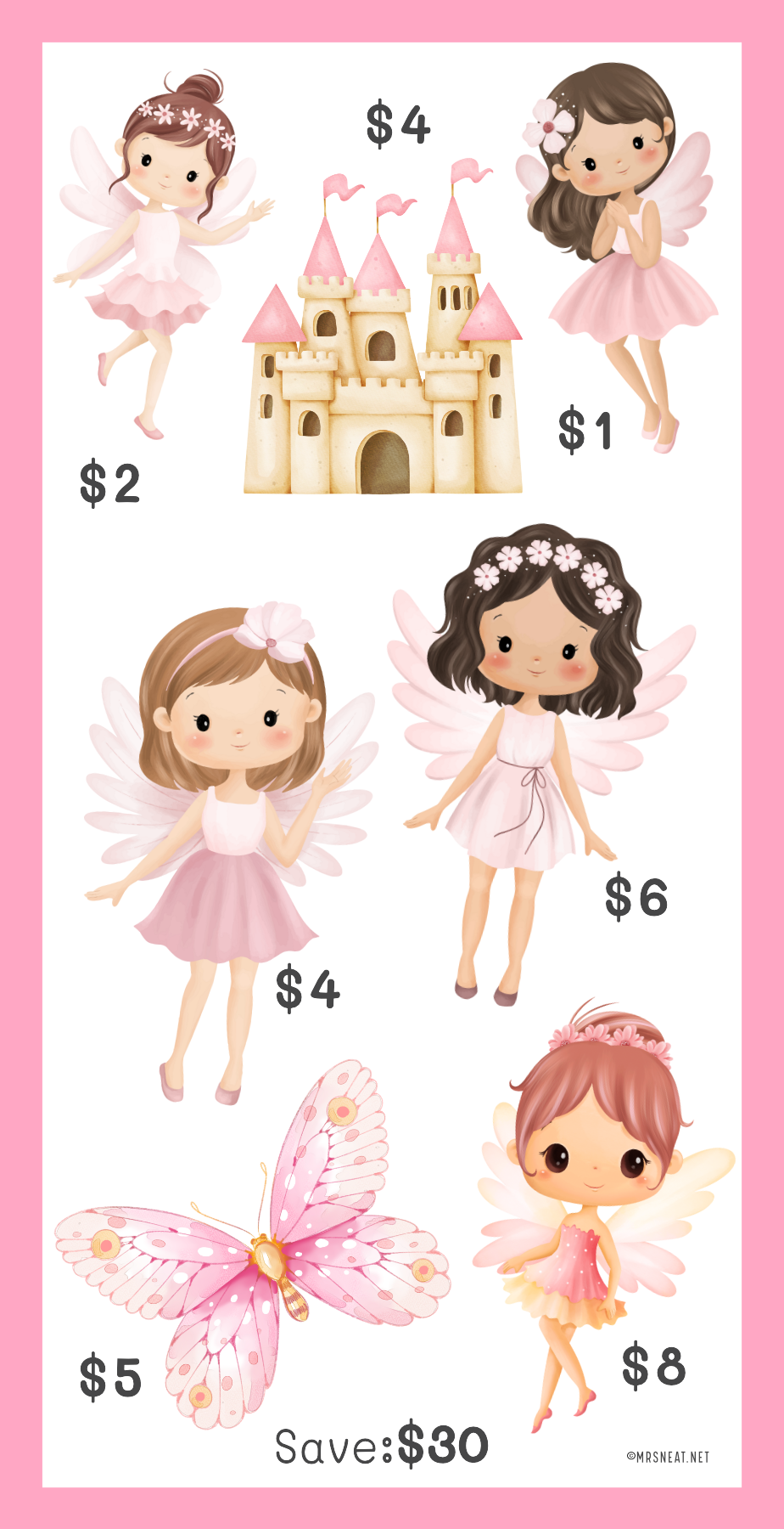 mini savings challenge fairy characters with amount labels on a pink background