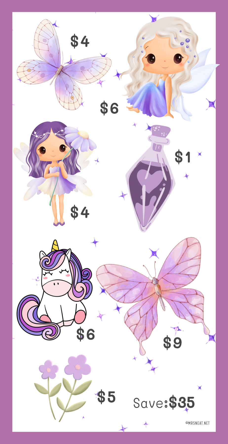 A6 Fairies Mini Savings Challenge! Designed to fit A6 planners, this collection of 6 printable challenges will bring magic to your daily budgeting.