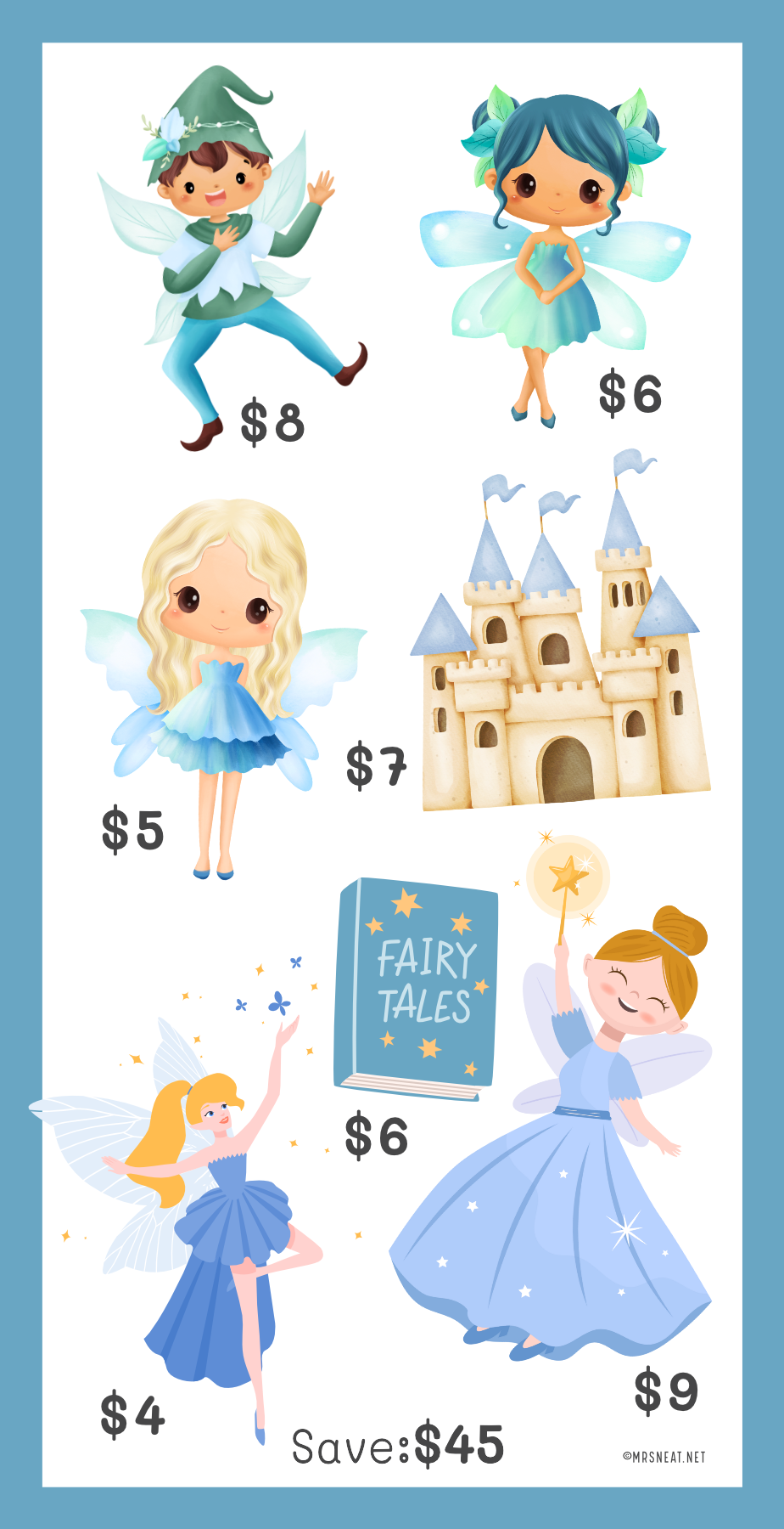 Set of fairy-themed mini savings challenge with amount on a blue background