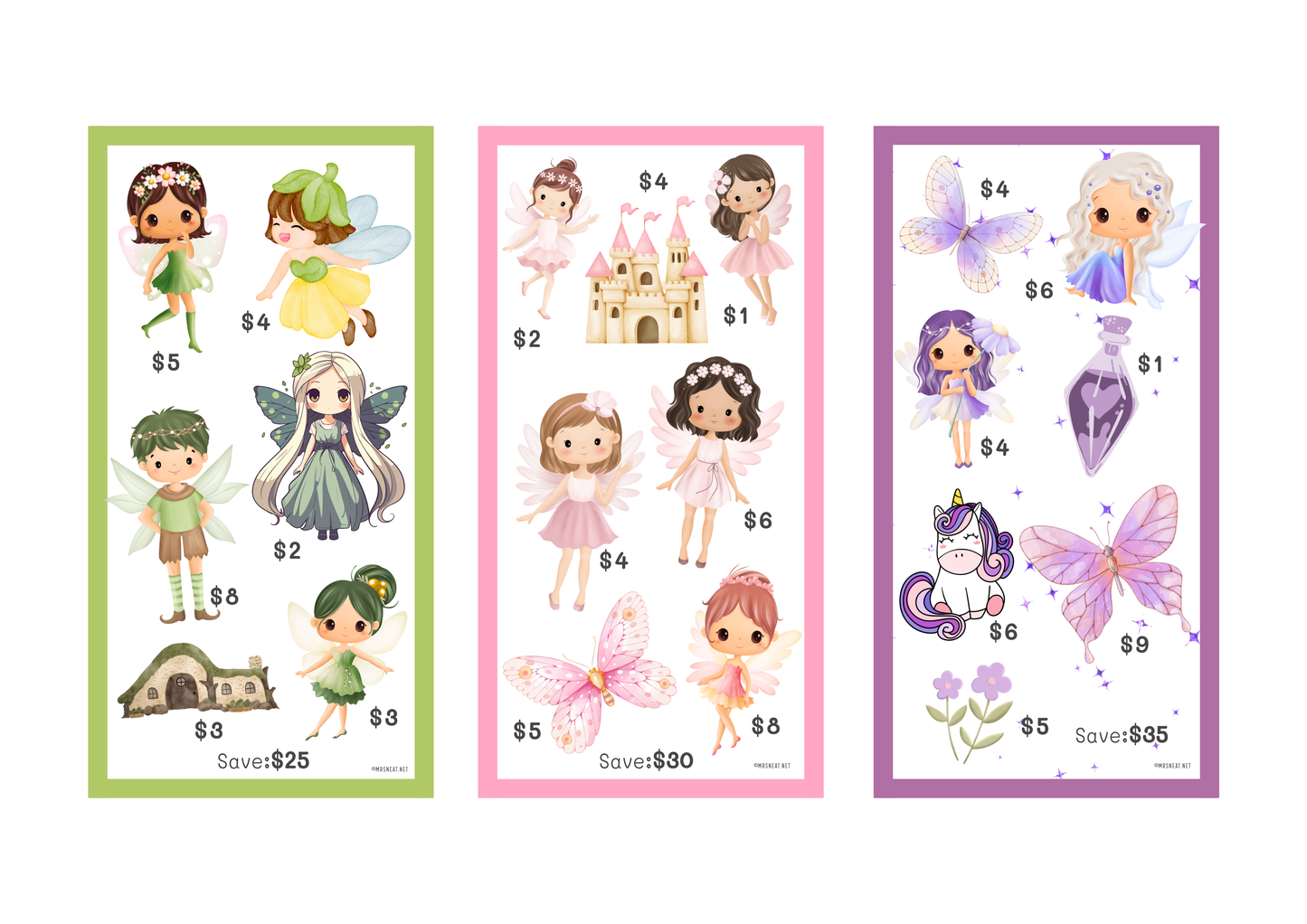 Set of three colorful mini savings challenge with fairy characters and amount on a white background.