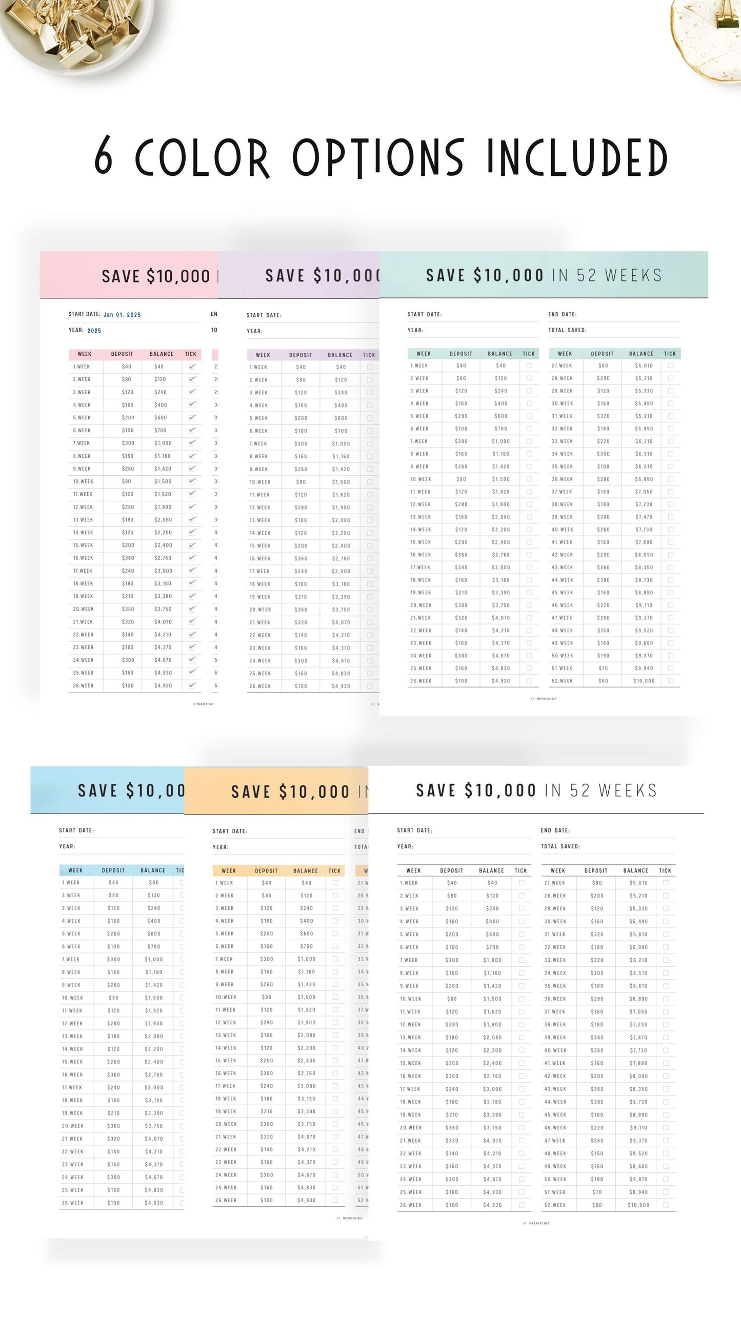 6 colors of $10,000 Saving Challenge in 52 Weeks