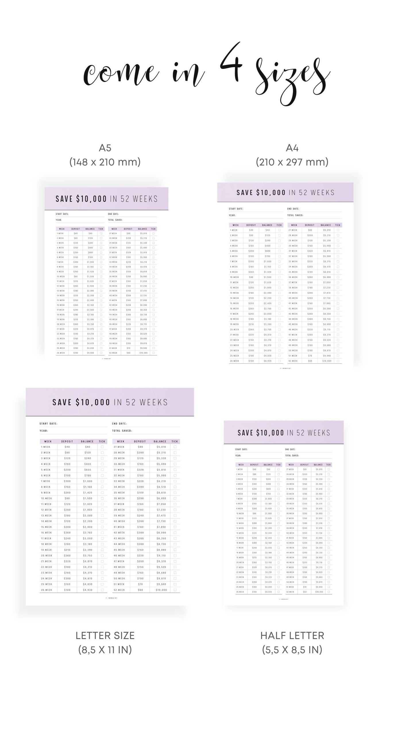 A4, A5, Letter, Half Letter $10,000 Saving Challenge in 52 Weeks