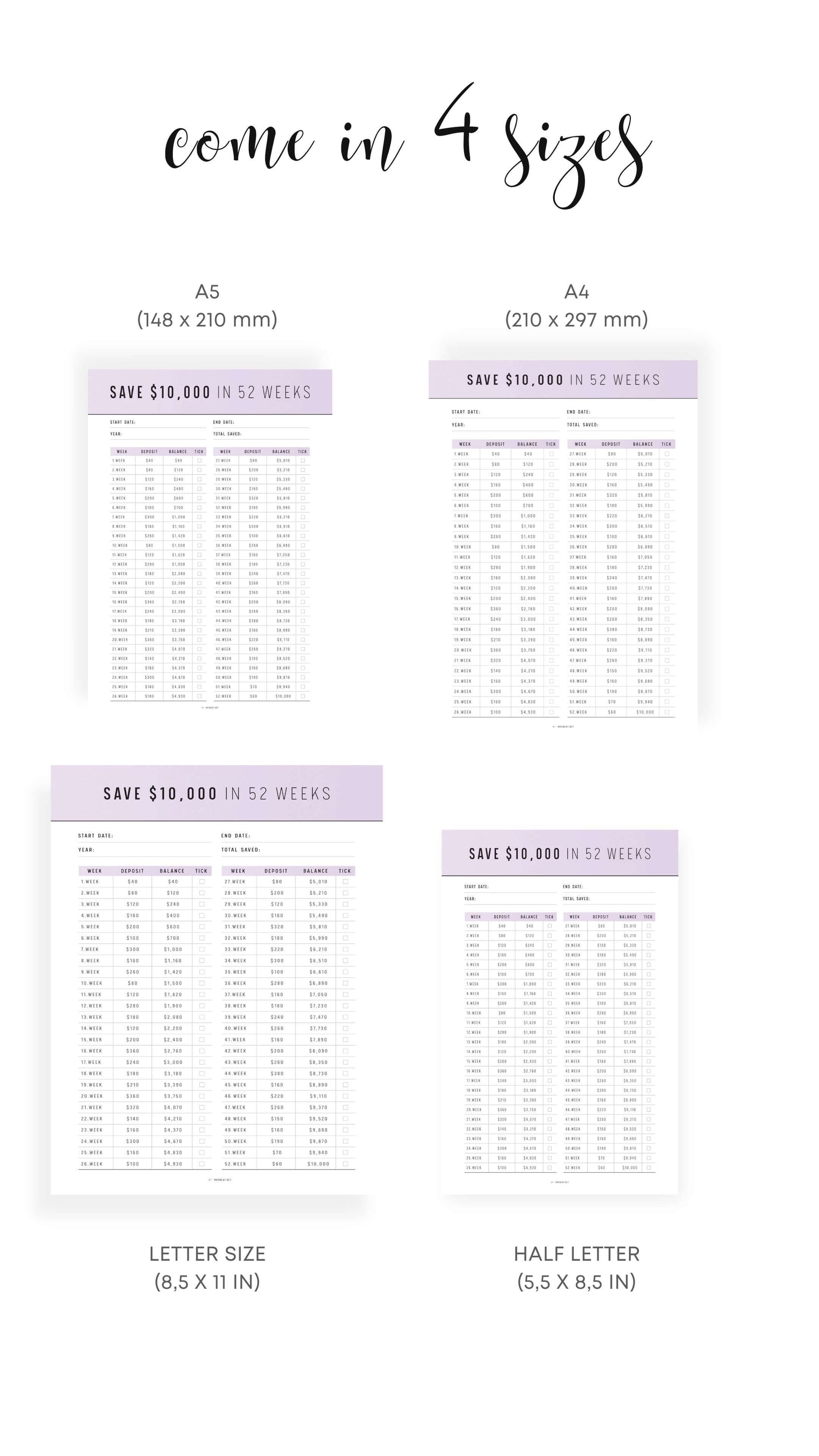 A4, A5, Letter, Half Letter $10,000 Saving Challenge in 52 Weeks