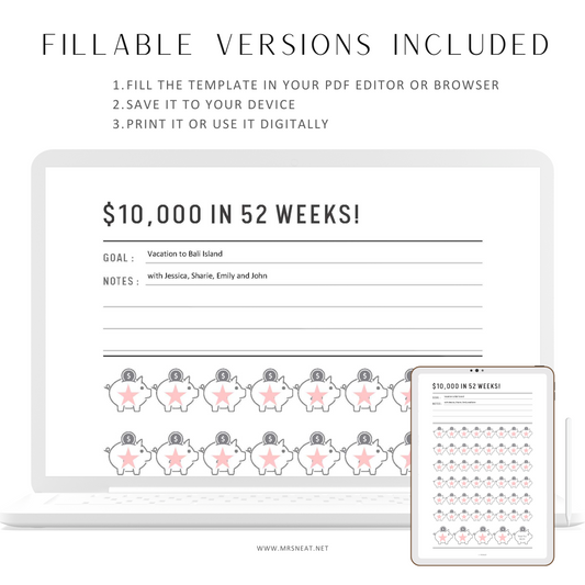 Fillable 10000 Saving Challenge, 52 Week Saving Challenge Printable, Piggy Bank Saving Challenge, PDF, A4, A5, Letter, Half Letter