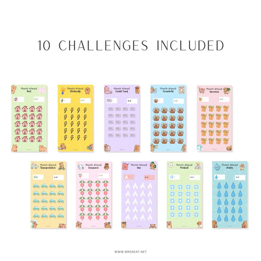 10 Month Ahead Savings Challenge, A6, Printable, Colorful, Cute, 10 challenges, Spring Themed, Capybara Savings Challenge, Budget Tracker, Savings Tracker, Cash Stuffing, Tiny Mini Savings Challenge, Kawaii Savings Challenge, Low Income Savings Challenge, Low income budget tracker, Printable, Digital Download