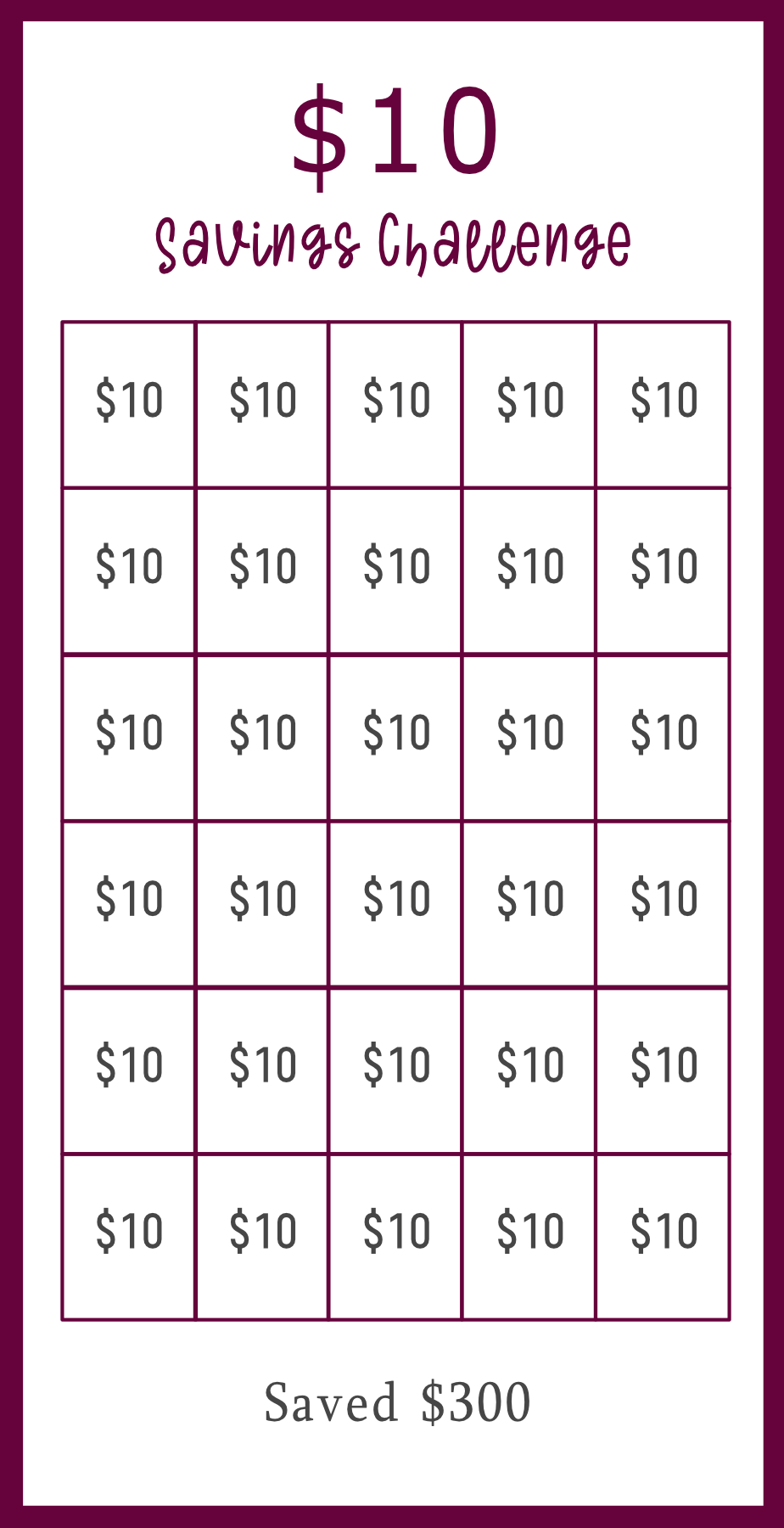 Brown Savings challenge tracker with $10 increments and a total savings of $300.