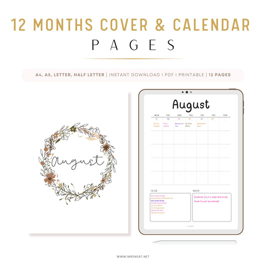 12 Month Calendar Pages, Journal Monthly planner 2025 printable, Monthly calendar page, Calendar Template 2025, A4, A5, Letter, Half Letter