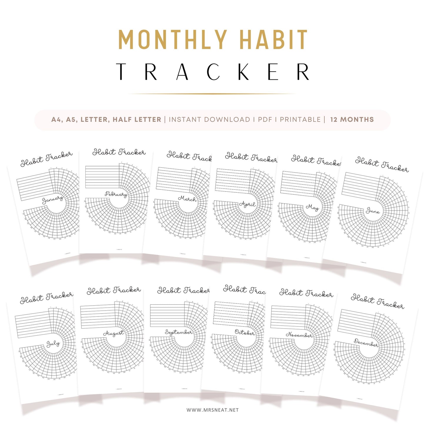 Daily Habit Tracker Bundle Monthly PRINTABLE, Floral Habit Tracker Circle Wheel, 12 Months Tracker, Planner Journal Page Goals Fitness, Digital Planner, Printable Planner, A4, A5, Letter, Half Letter
