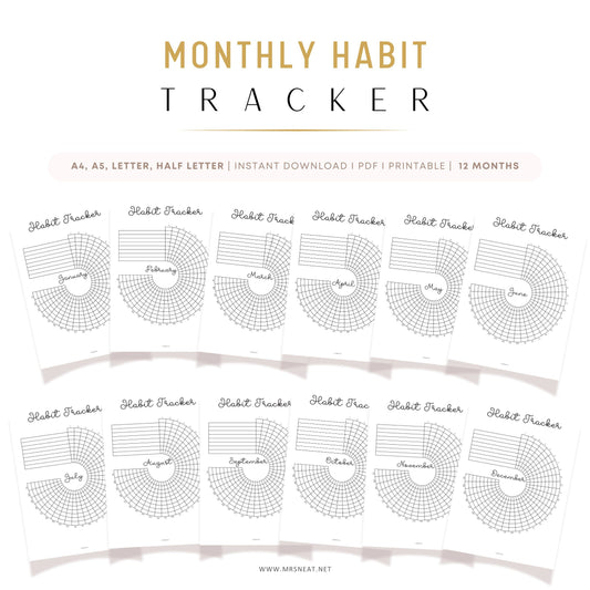 Daily Habit Tracker Bundle Monthly PRINTABLE, Floral Habit Tracker Circle Wheel, 12 Months Tracker, Planner Journal Page Goals Fitness, Digital Planner, Printable Planner, A4, A5, Letter, Half Letter