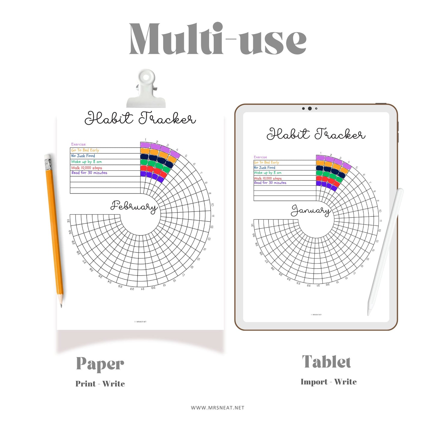 Daily Habit Tracker Bundle Monthly PRINTABLE, Floral Habit Tracker Circle Wheel, 12 Months Tracker, Planner Journal Page Goals Fitness, Digital Planner, Printable Planner, A4, A5, Letter, Half Letter