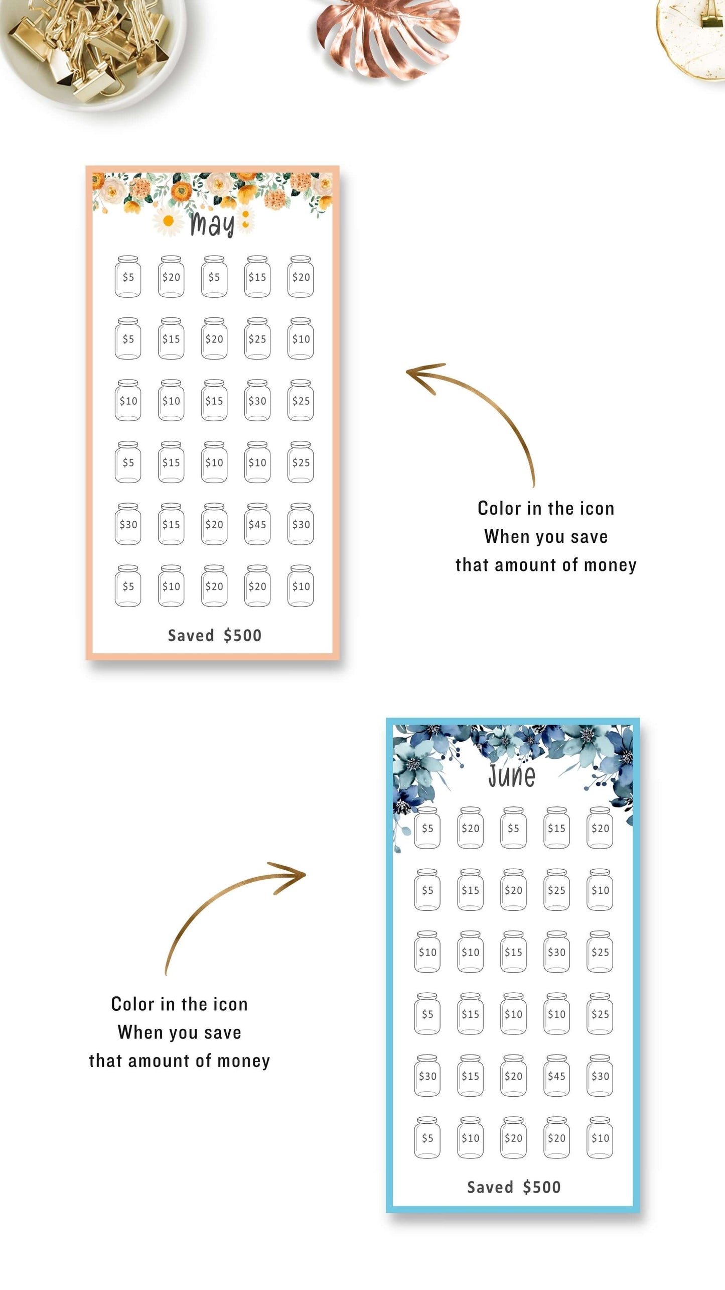 May and June Mini Savings Challenge Printable in Floral and Colorful Themes, A6 size
