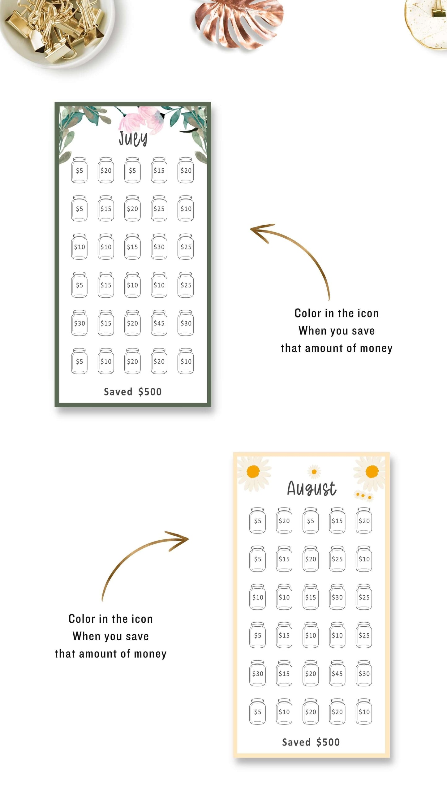 July and August Mini Savings Challenge Printable in Floral and Colorful Themes, A6 size
