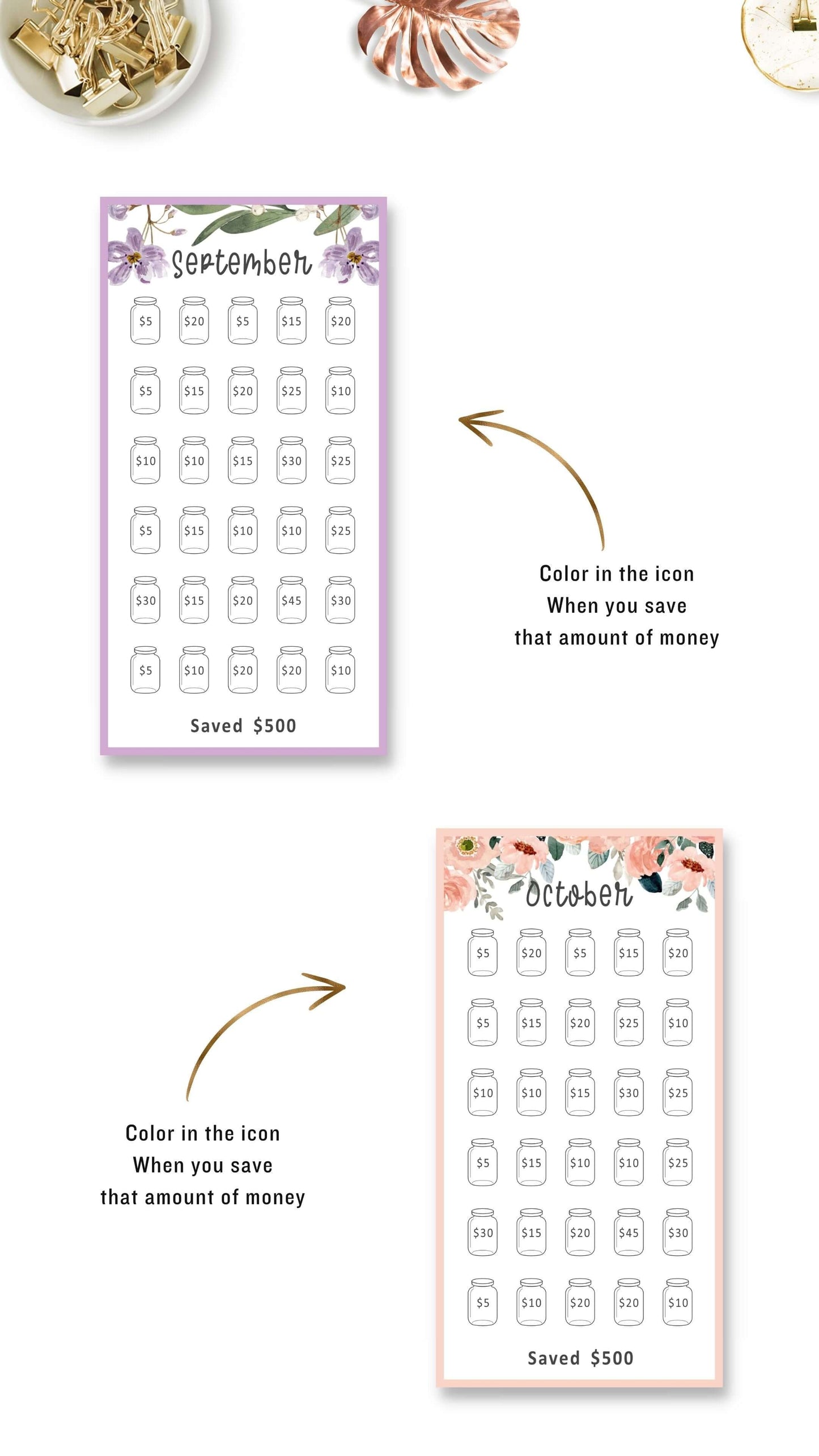 September and October Mini Savings Challenge Printable in Floral and Colorful Themes, A6 size