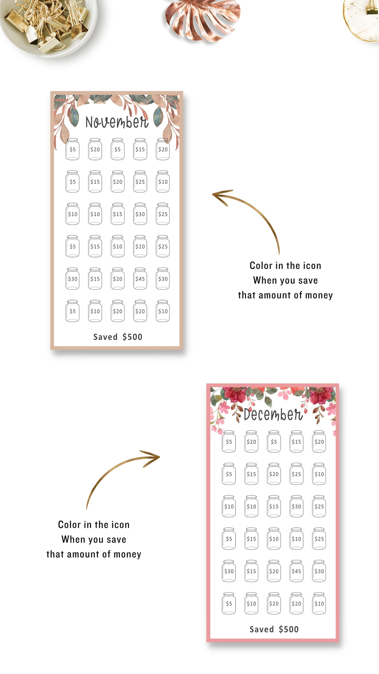 November and December Mini Savings Challenge Printable in Floral and Colorful Themes, A6 size