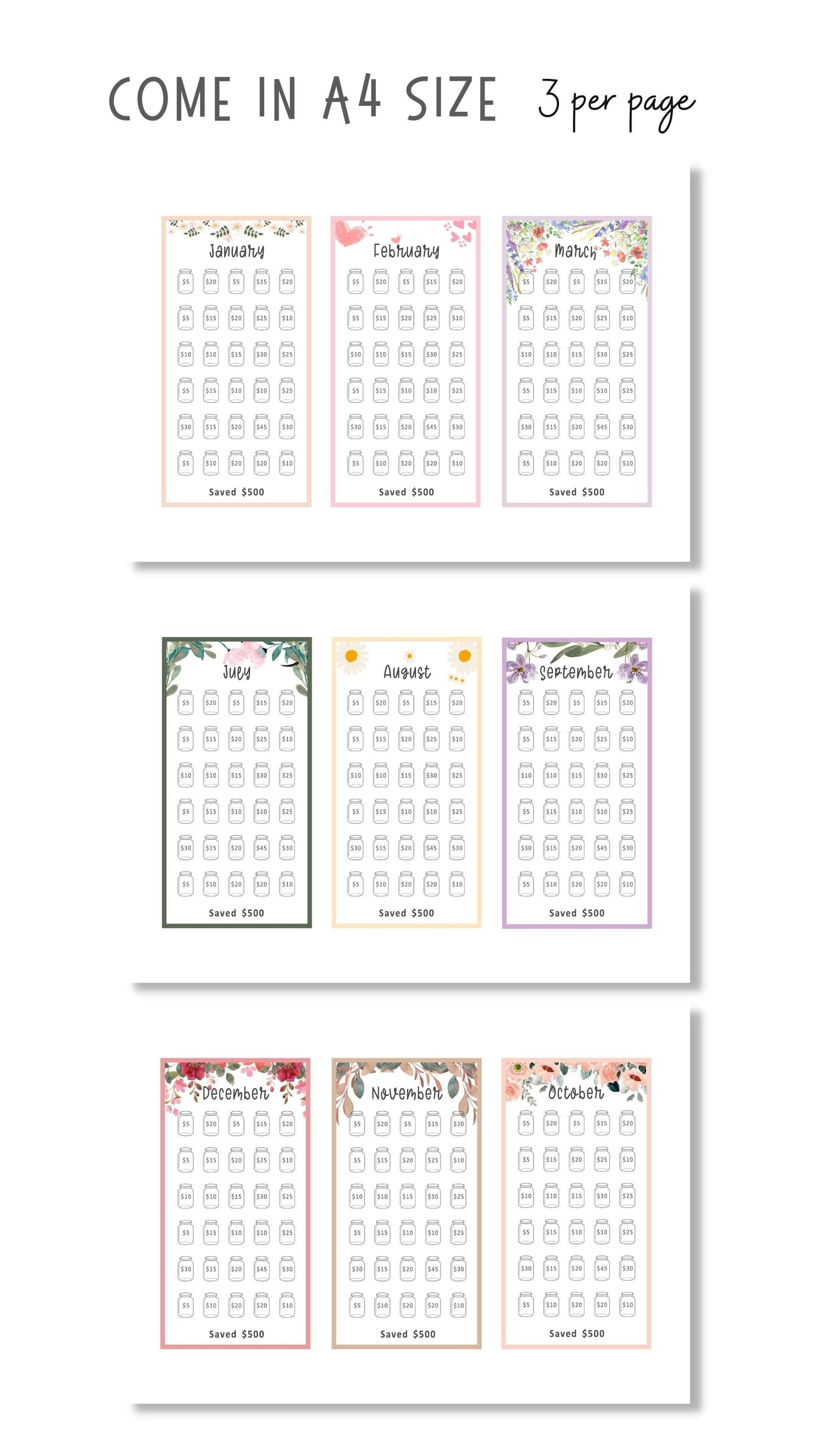12 Months Mini Savings Challenge Template Printable A6 size