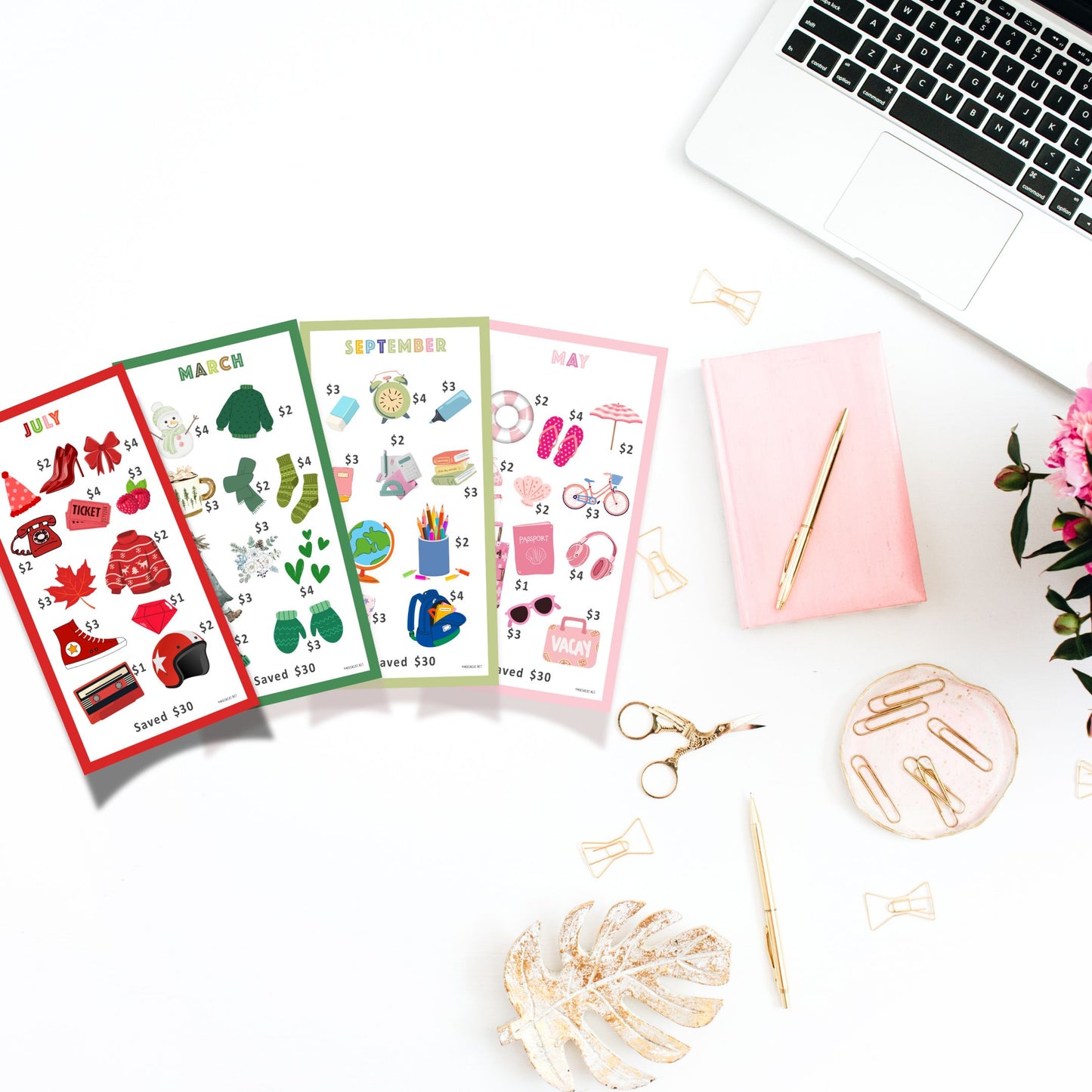 Mini Savings Challenges Digital Download, All Twelve Months, Each Challenge is Save 30, Annual 12 Months Savings Challenge Printable for Cash Stuffing, A6 Money Tracker, A4 Size, Monthly Budgeting
