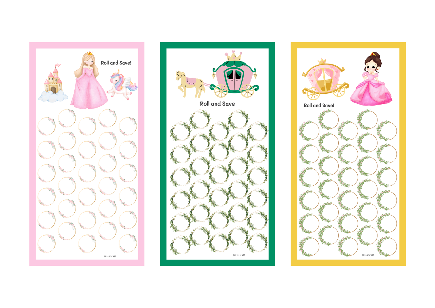 Three decorative sheets with princess and castle designs on a white background