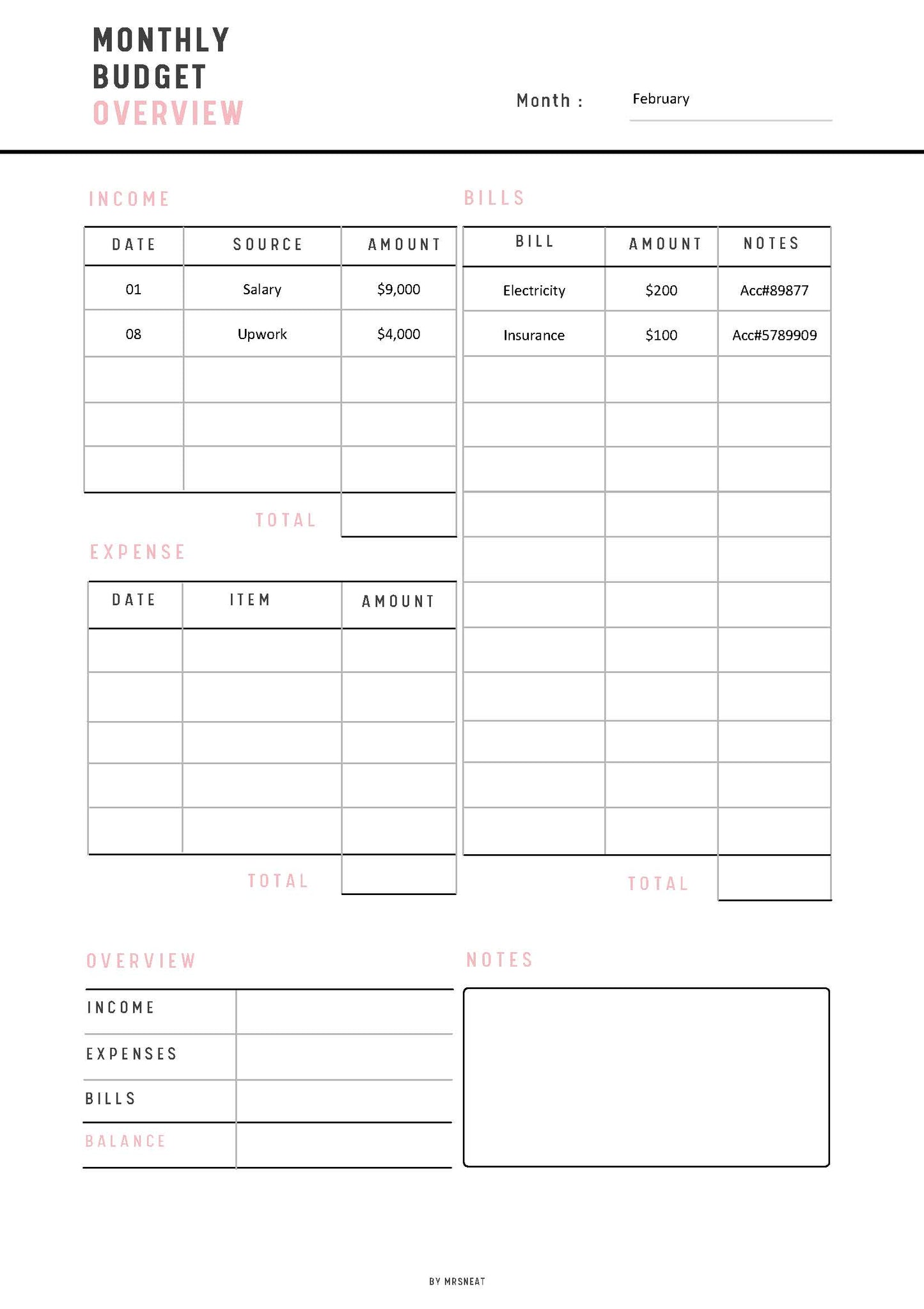 Fillable Monthly Budget Overview, Budget Planner Printable, A4, A5, US Letter, 3 color options