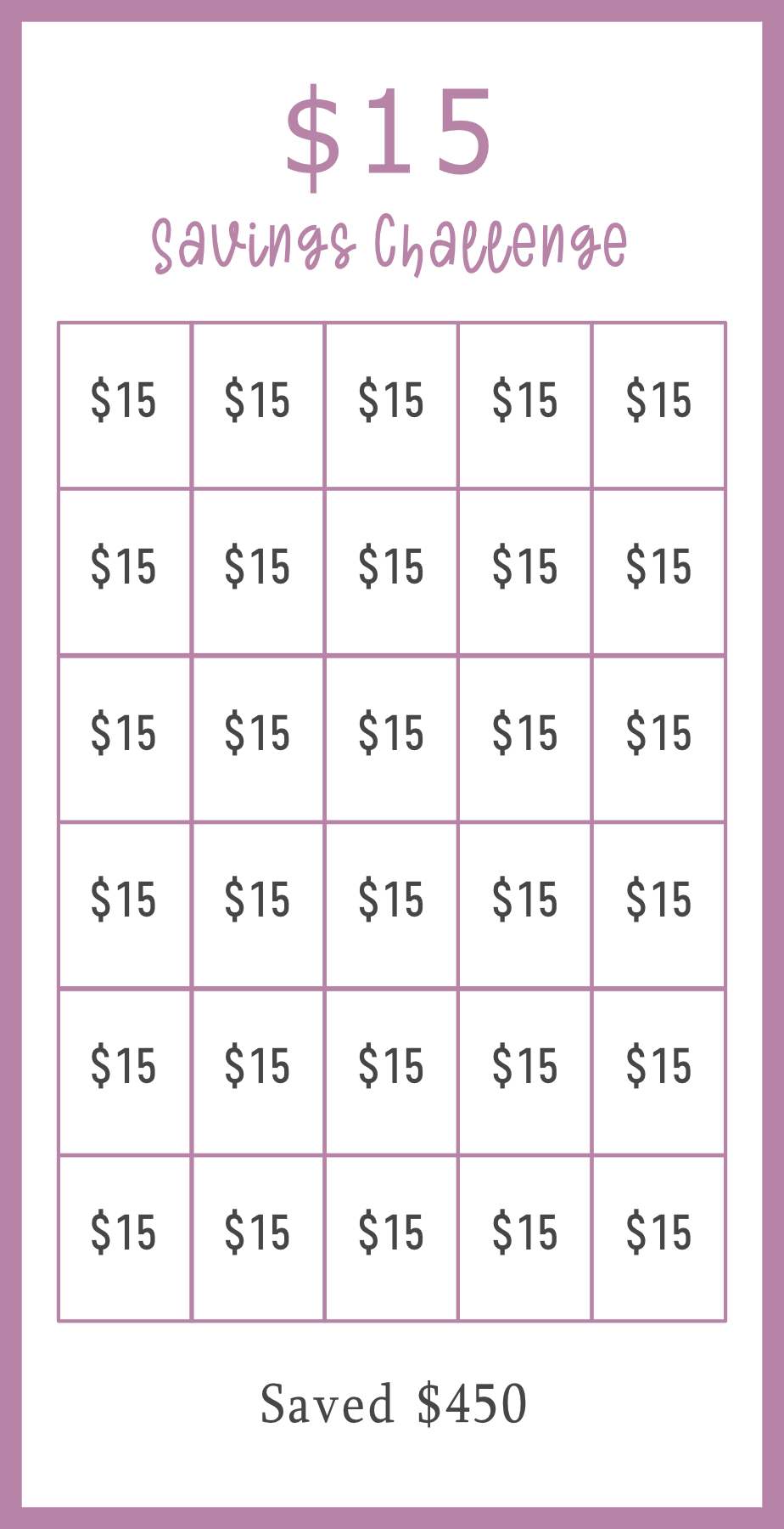 Purple Savings challenge tracker with $15 amounts and total saved amount displayed.