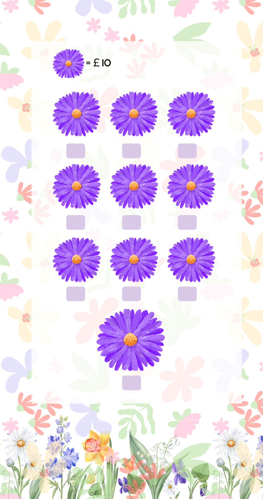 Pattern of purple flowers with yellow centers on a white background with floral decorations.