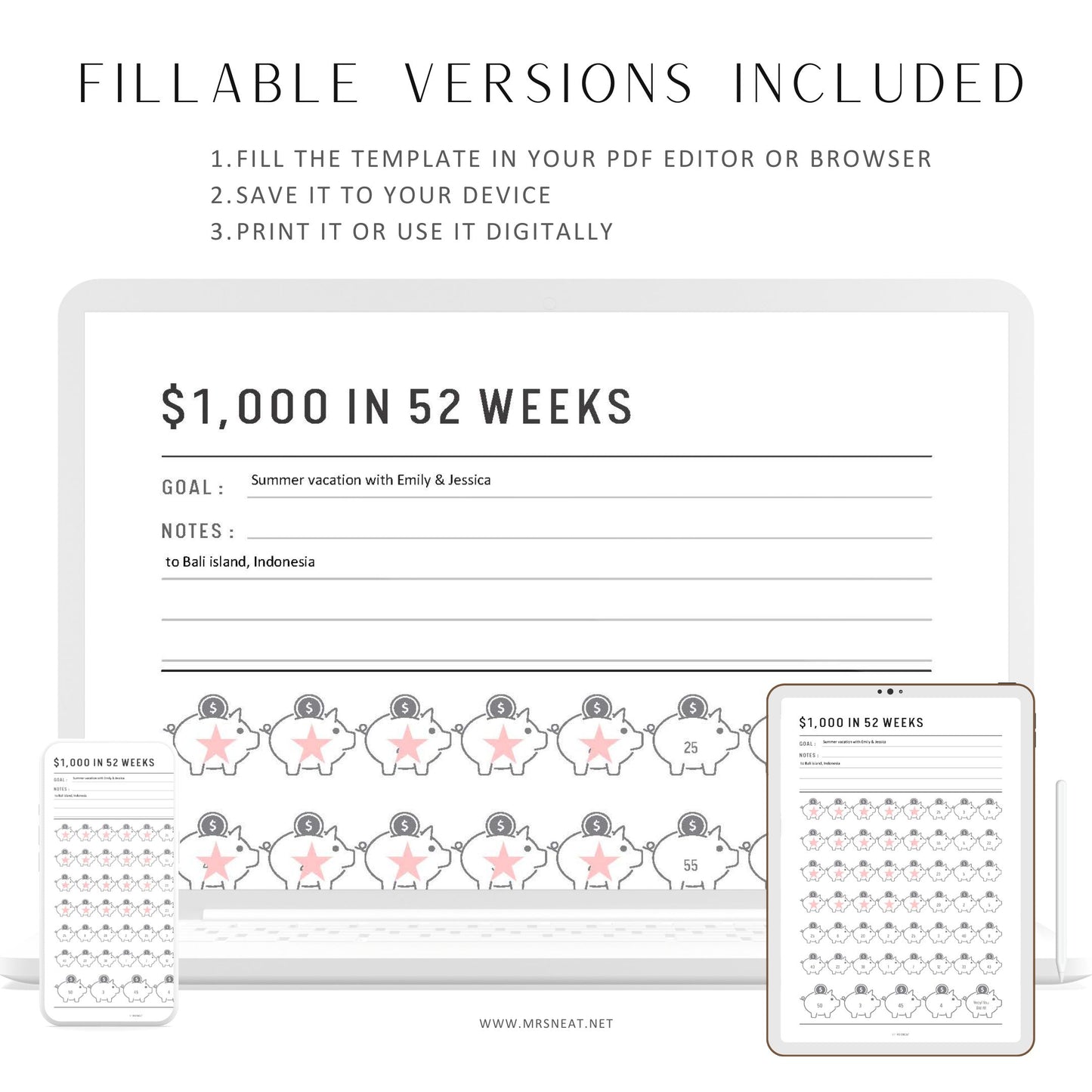1000 Money Saving Challenge Printable, Fillable Saving Challenge, 52 Weeks Savings Challenge, Pdf, A4, A5, Letter, Half Letter