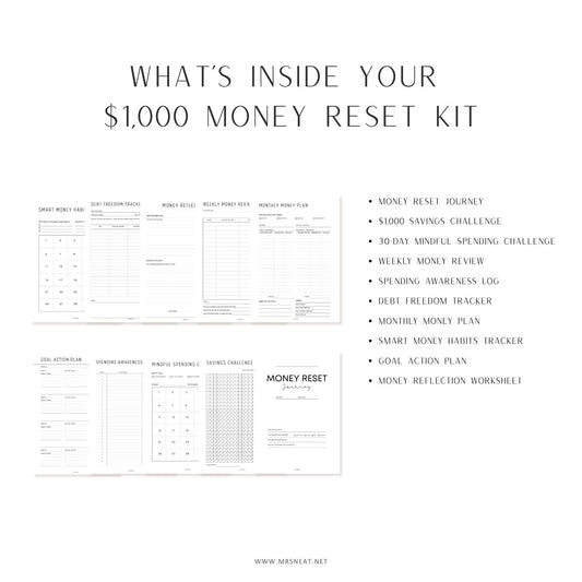 What's included in the $1000 Money Reset Kit featuring 10 printable budget planner and money management worksheets.