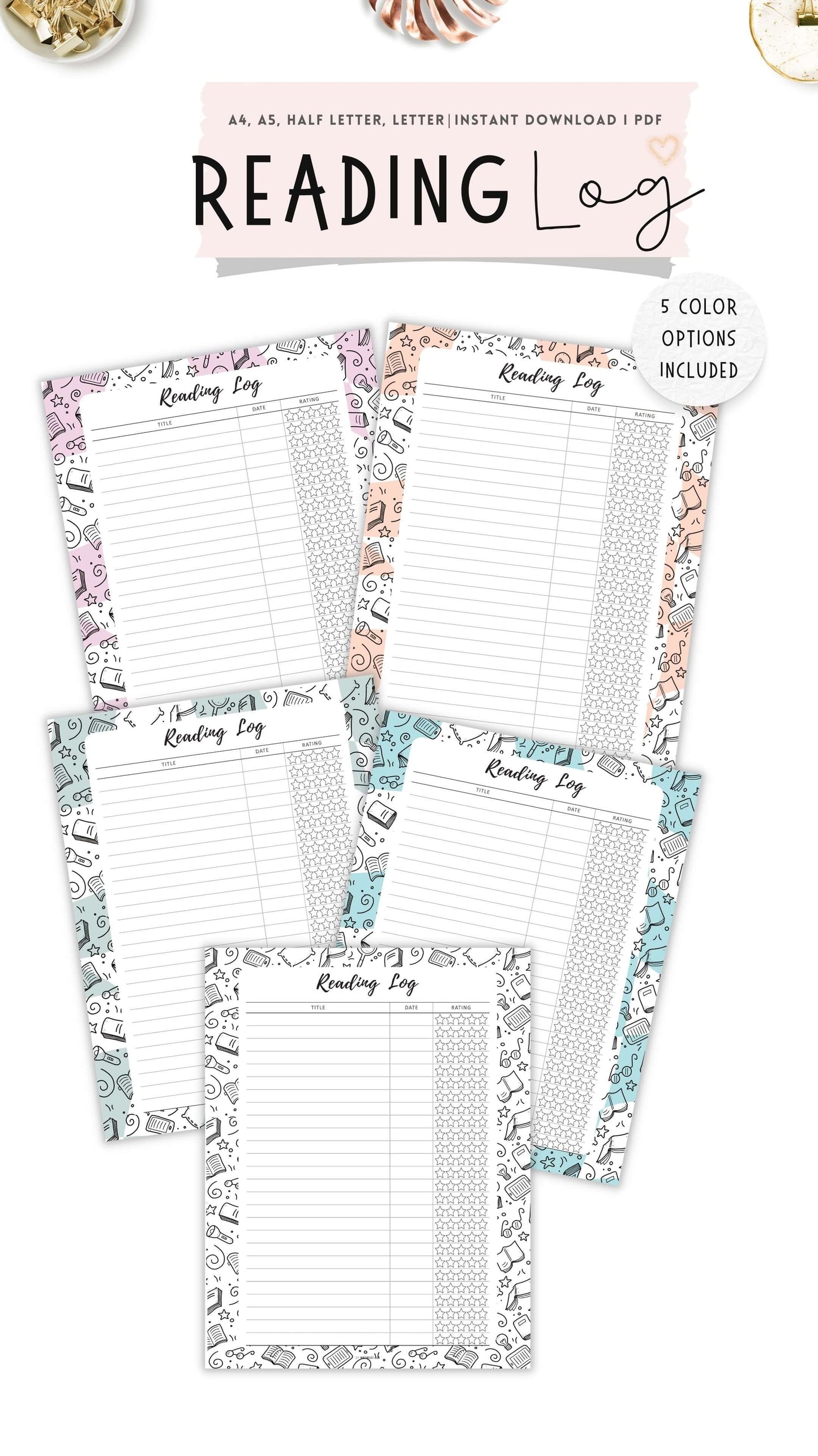 Reading Log Template Printable, 5 colors ; Peach, Green, Blue, Pink, Neutral, 4 sizes ; A4, A5, Letter, Half Letter, Digital Planner