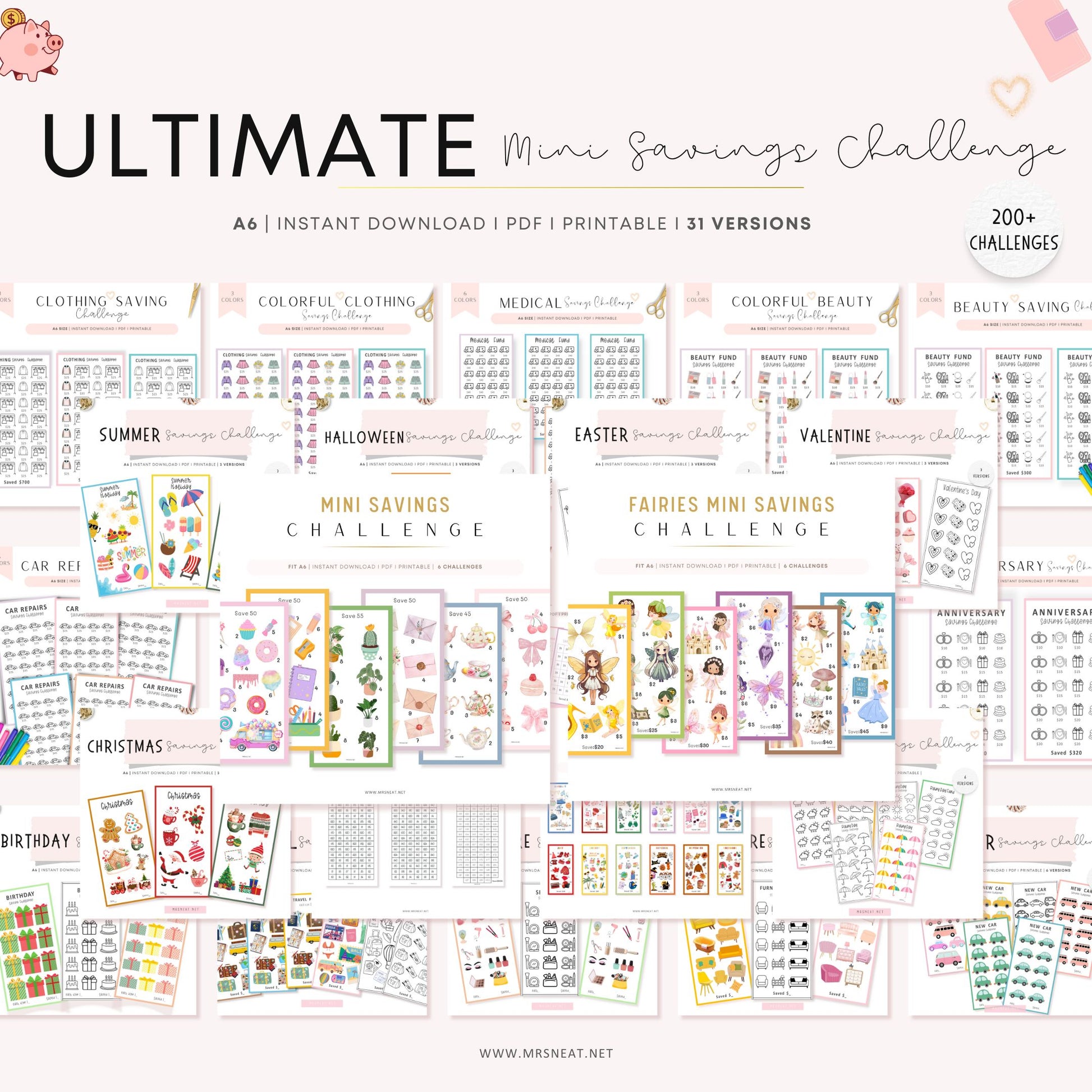 Collection of mini savings challenge printables with various themes on a white background.