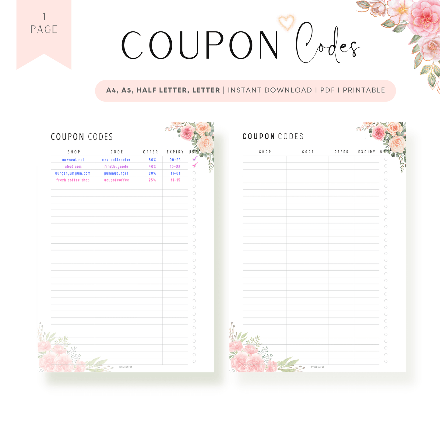 Floral Coupon Code Tracker Printable