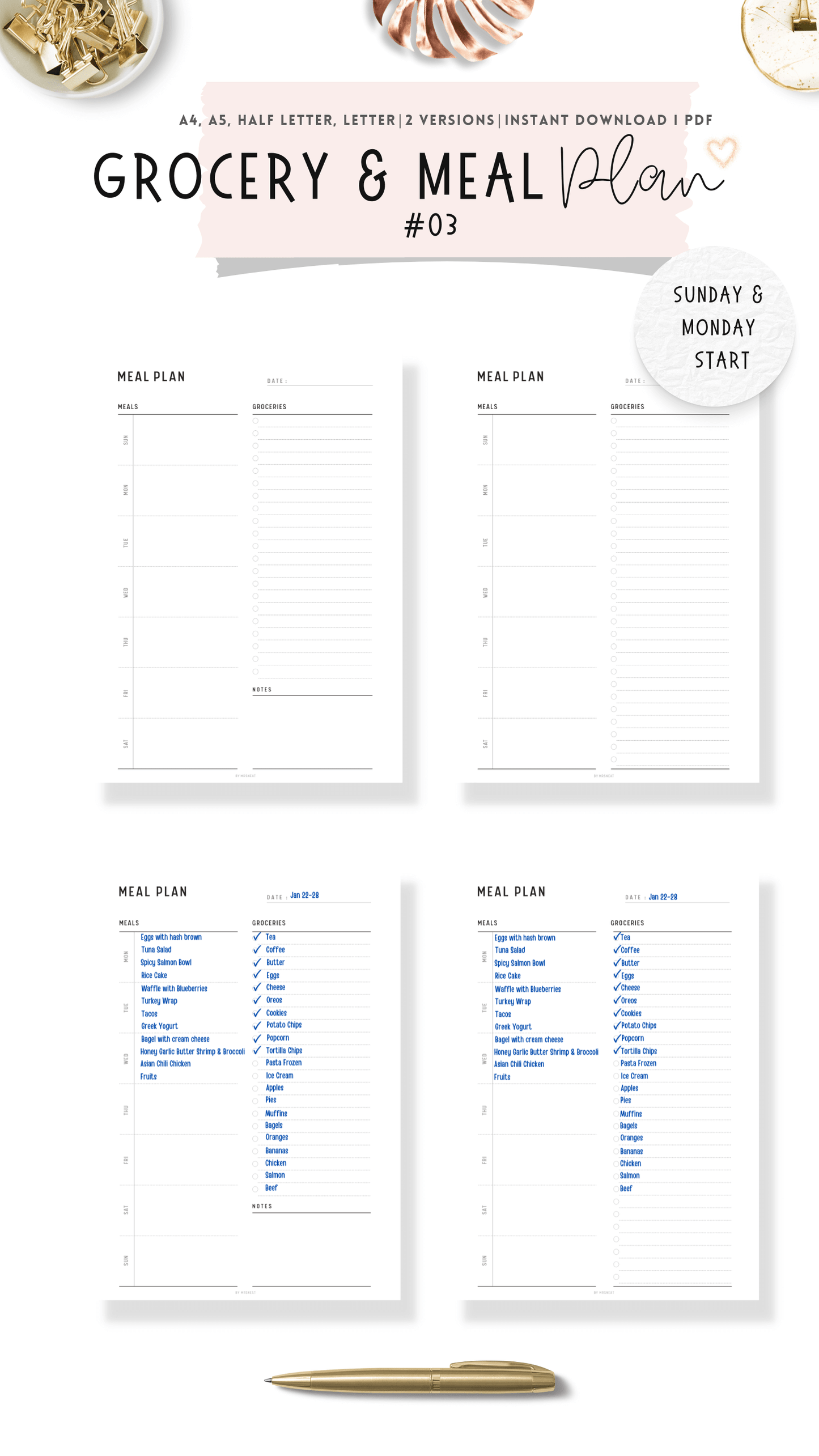 Weekly Meal Planner & Grocery Shopping List Printable - M183