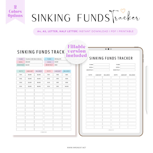 Editable Sinking Funds Tracker, Printable Sinking Funds Tracker, Savings Recorder, Savings Log, Savings Tracker, 2 color options, PDF Fillable, A4, A5, Letter, Half Letter, Printable Planner, Digital Planner
