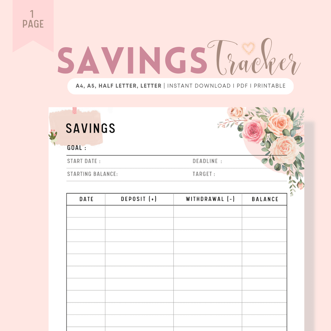 Savings Tracker, Savings Challenge, Savings Printable, A4, A5, Letter, Half Letter, PDF Fillable, Floral Theme
