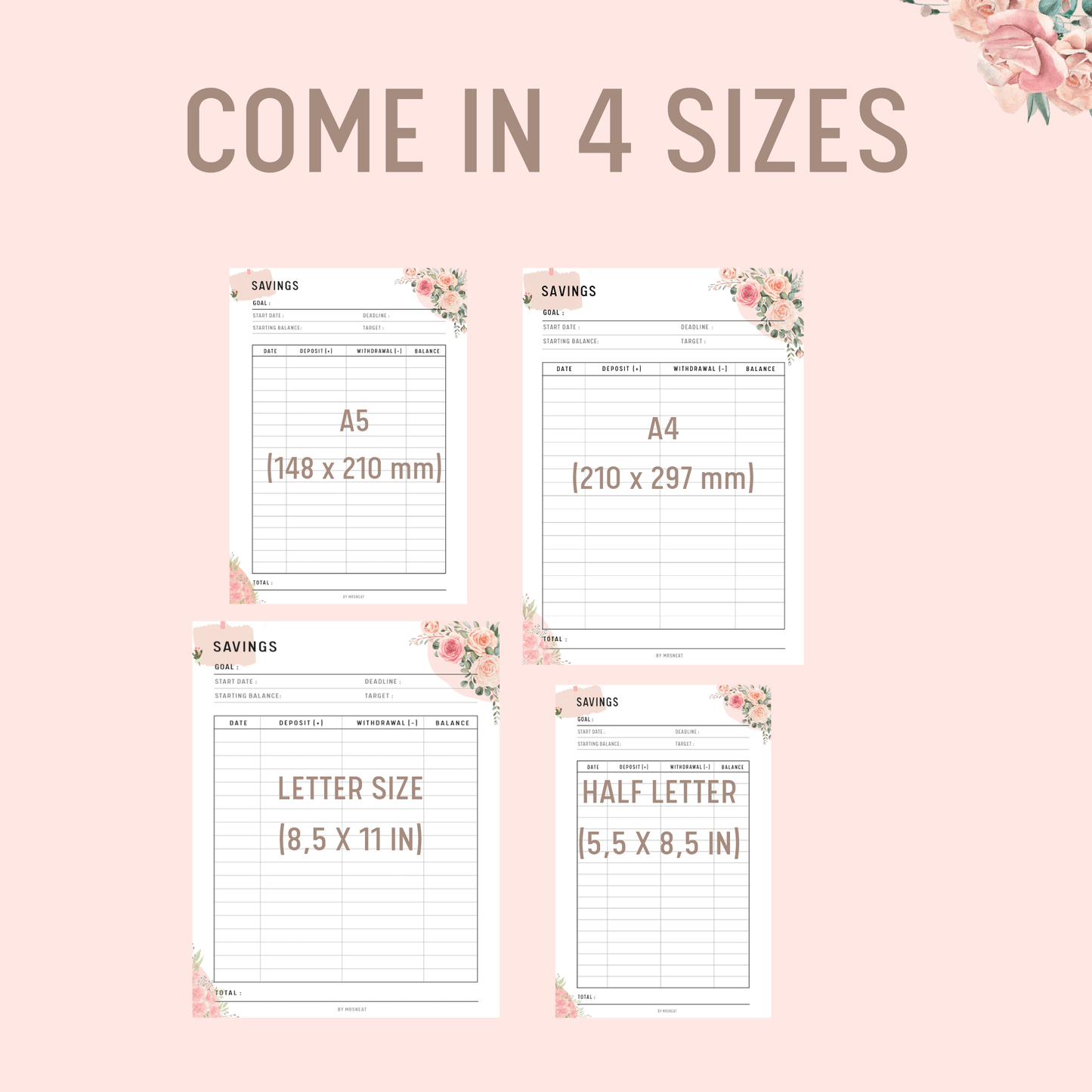 Savings Tracker, Savings Challenge, Savings Printable, A4, A5, Letter, Half Letter, PDF Fillable, Floral Theme