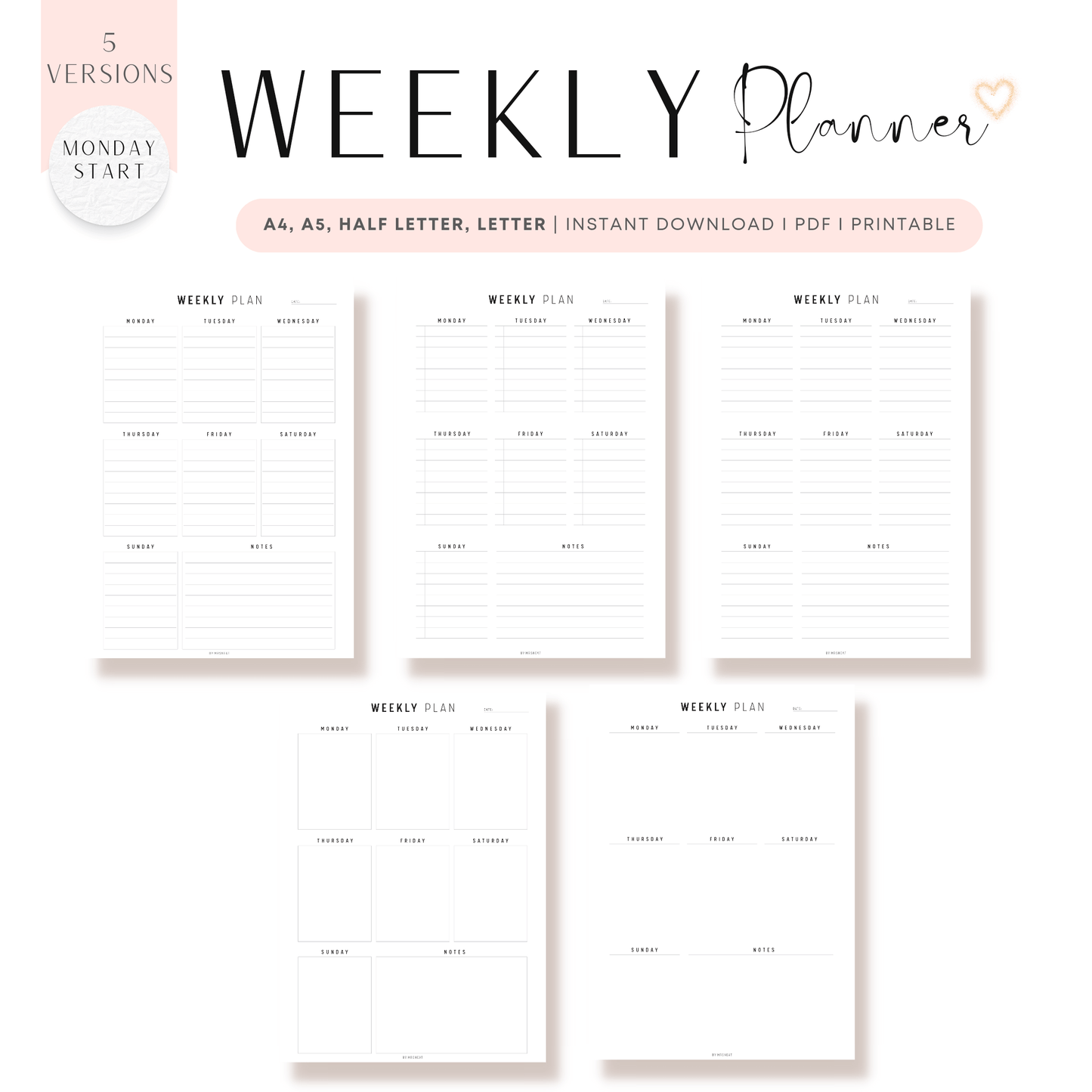Fillable Weekly Planner Template Printable, Week at a glance, Weekly Schedule, Weekly To do list, 5 Versions, A4, A5, Letter, Half Letter