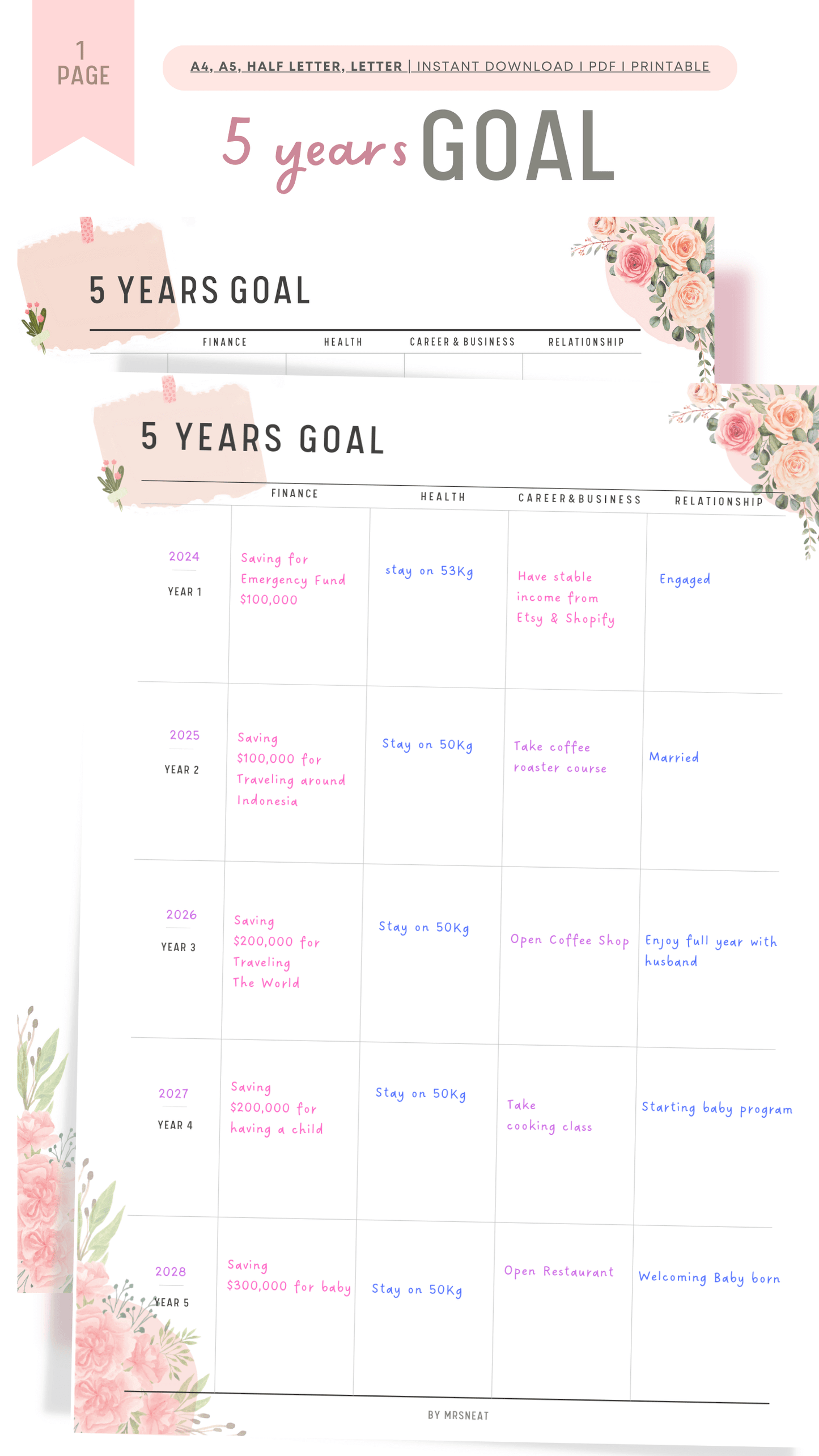 Floral 5 Year Goal Planner Printable - M073