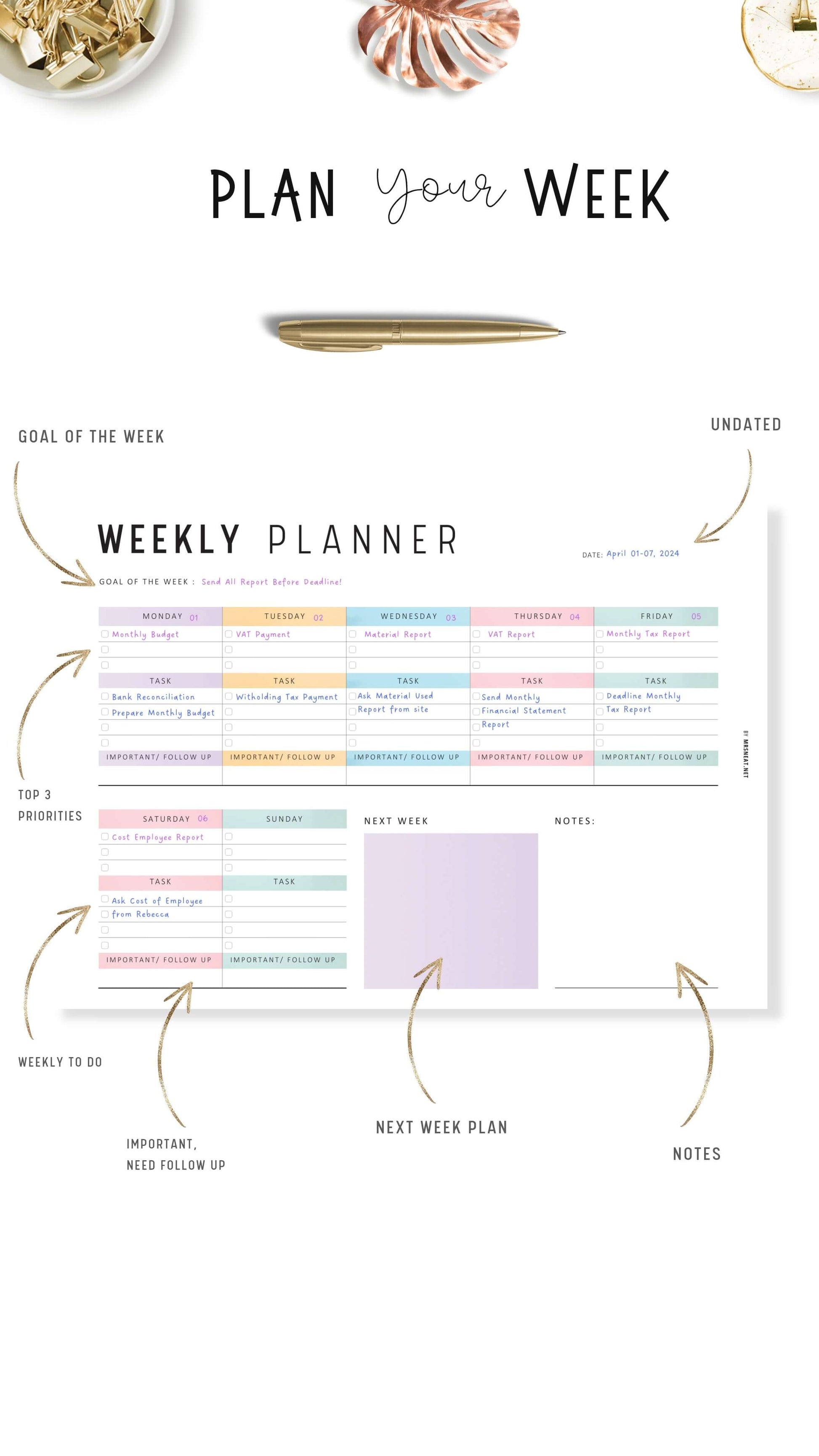 Colorful Printable Weekly Planner Landscape PDF