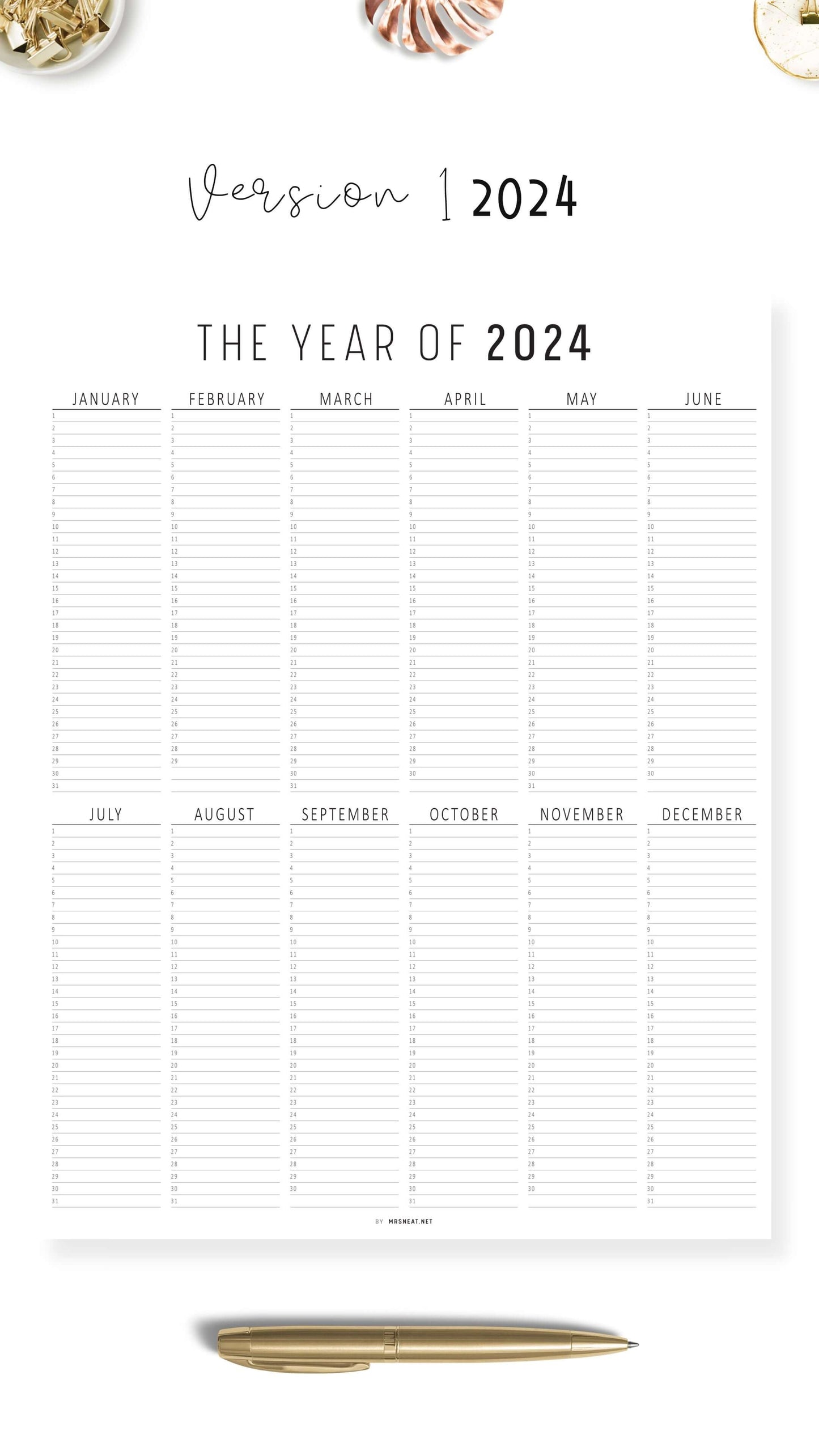 2024 Year at a Glance Template Printable, 365 days on One Page, Year at a Glance Planner Printable, Letter Size, 2 Versions, Blank version, 2024 Version