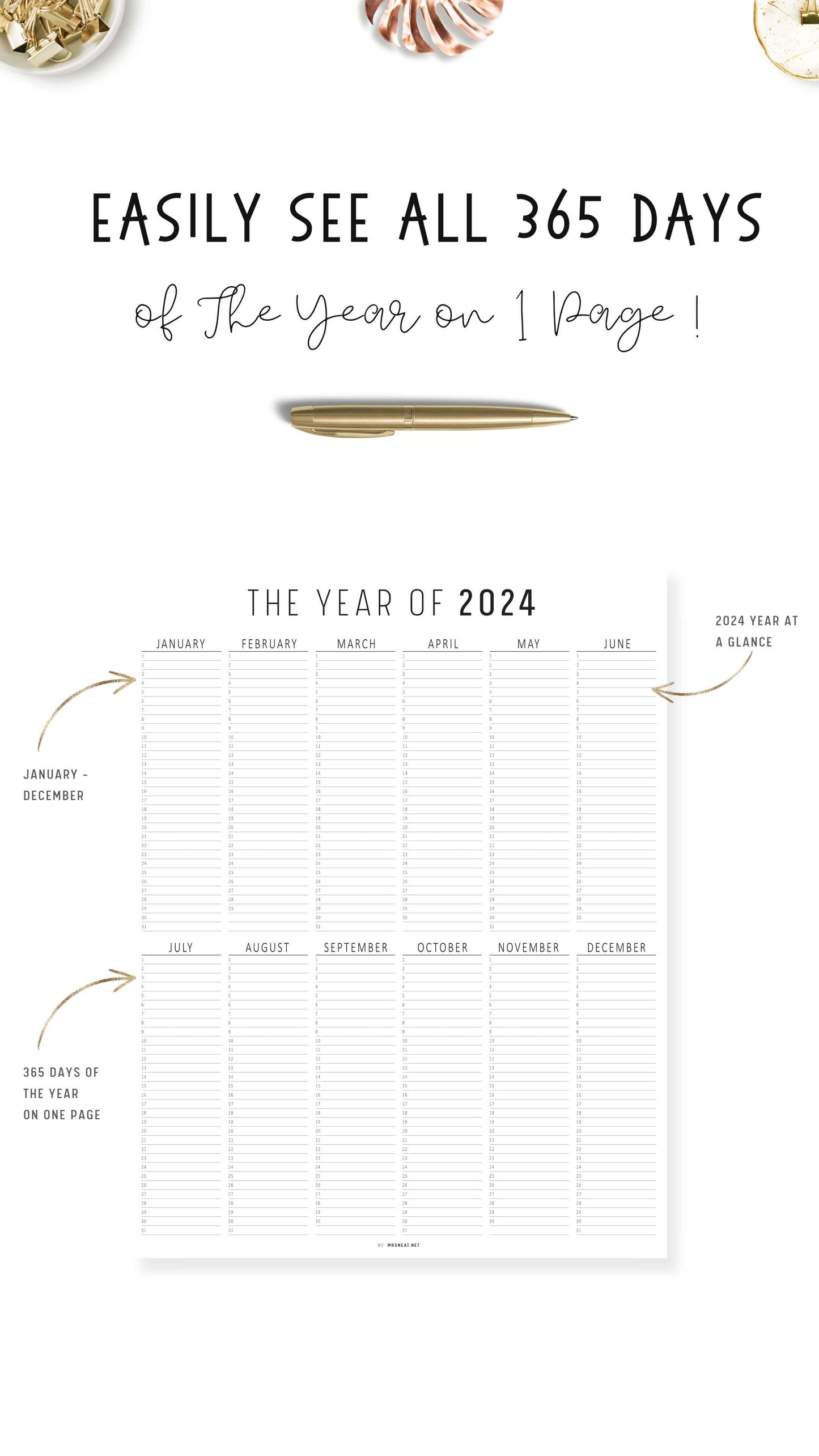 2024 Year at a Glance Template Printable, 365 days on One Page, Year at a Glance Planner Printable, Letter Size, 2 Versions, Blank version, 2024 Version