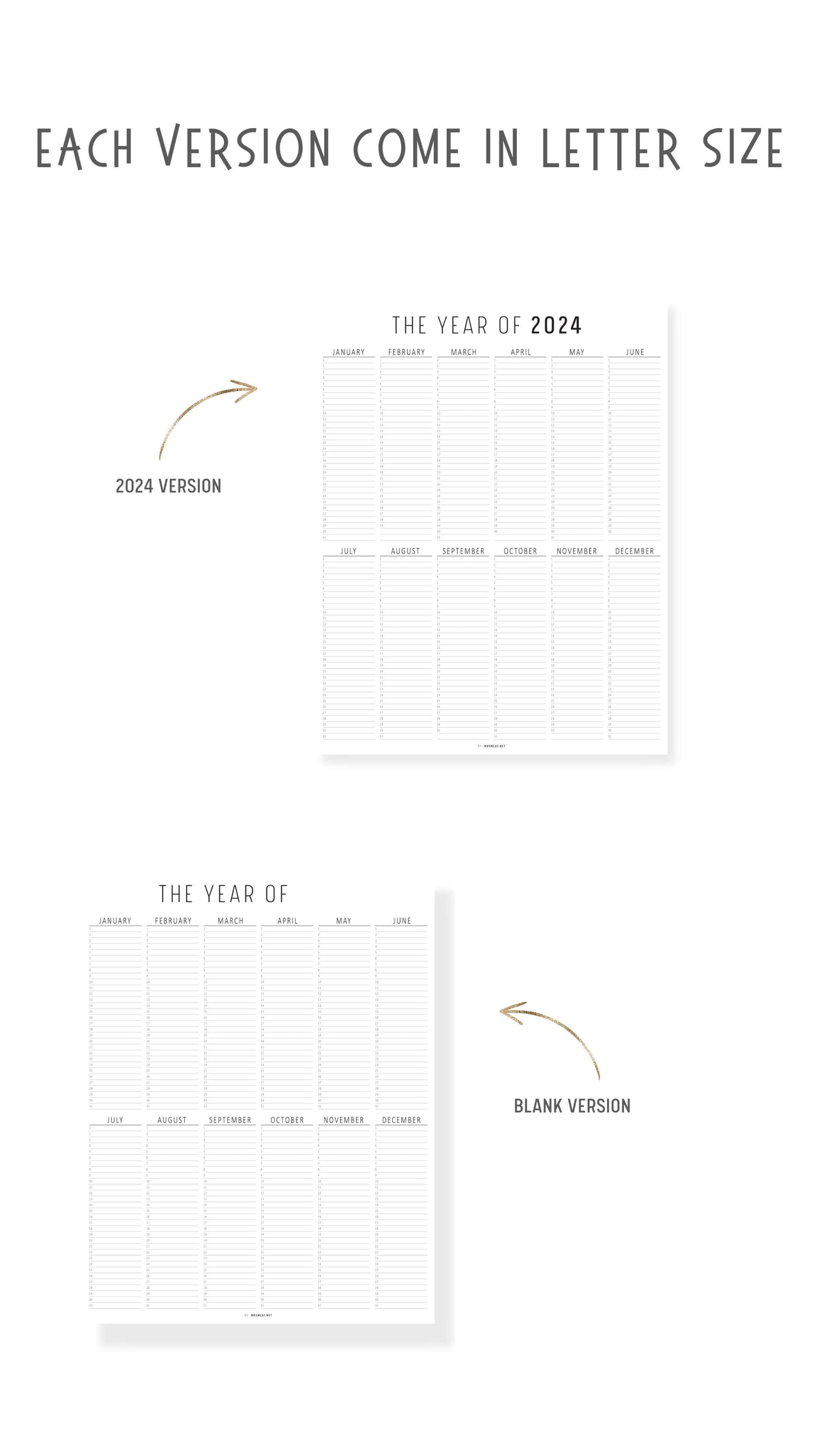 2024 Year at a Glance Template Printable, 365 days on One Page, Year at a Glance Planner Printable, Letter Size, 2 Versions, Blank version, 2024 Version