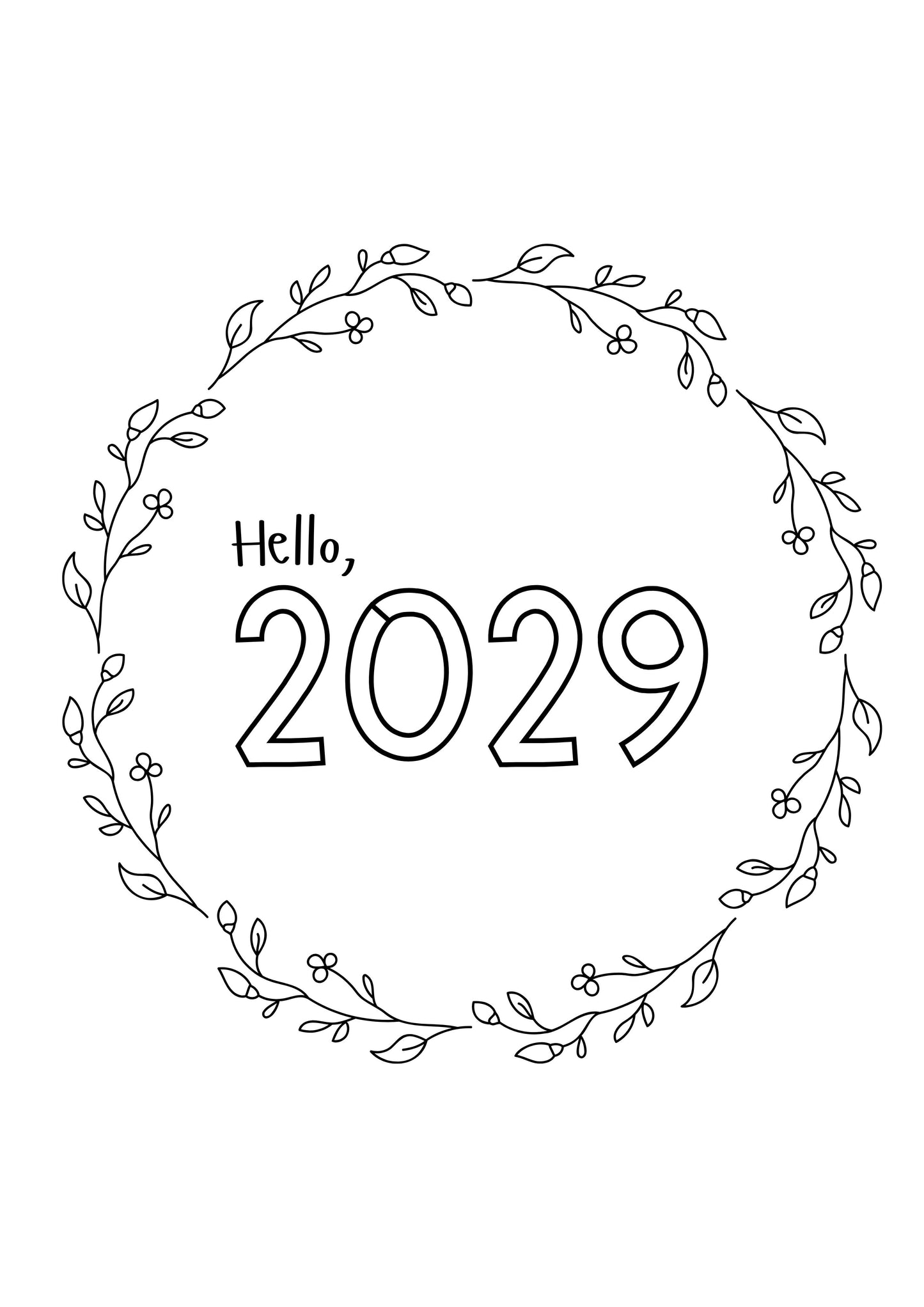 Cover page tracker journal 'Hello, 2029' surrounded by decorative foliage on a white background