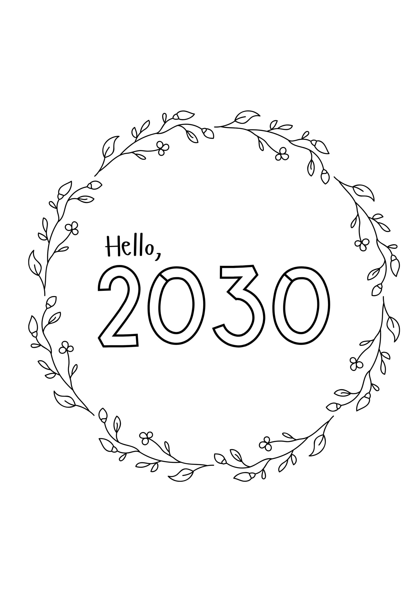 Cover page tracker journal 'Hello, 2030' surrounded by decorative leaves on a white background