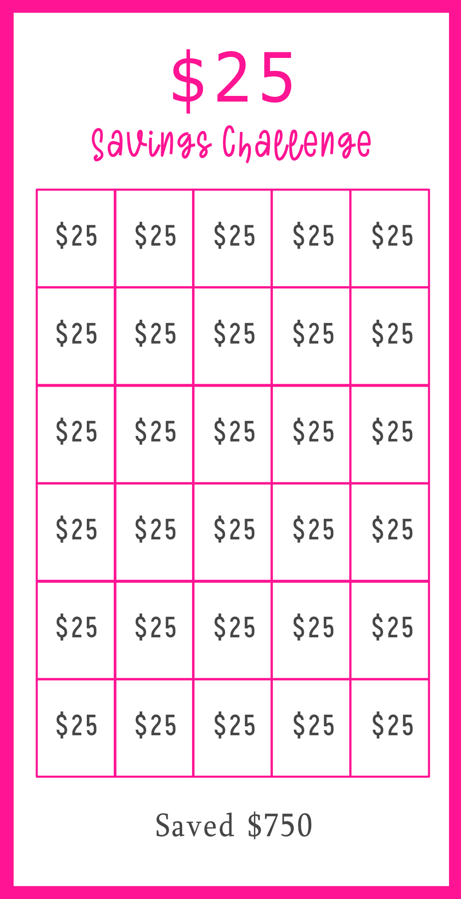 Pink Savings challenge tracker with $25 amounts and total savings displayed.