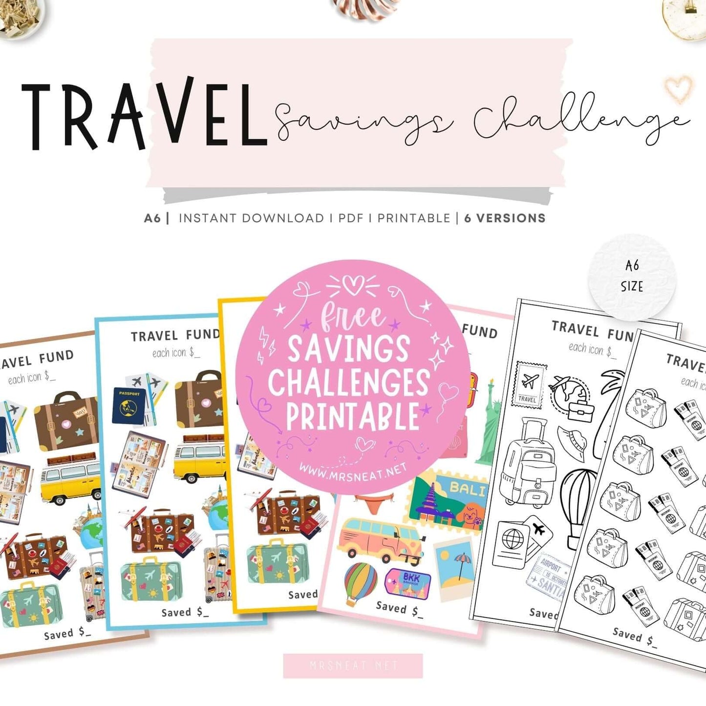 Free set of six Travel Fund Savings Challenges for Low Income Budgeting