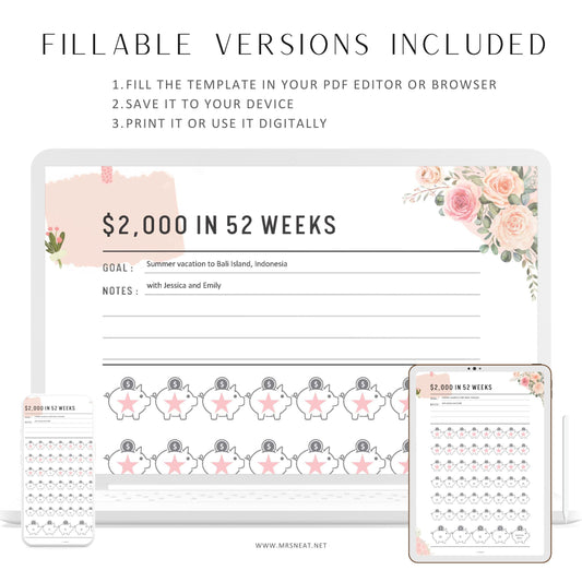 Floral 2000 Money Saving Challenge Printable, Fillable Saving Challenge in 52 Weeks, 52 Weeks Savings Challenge, A4, A5, Letter, Half Letter
