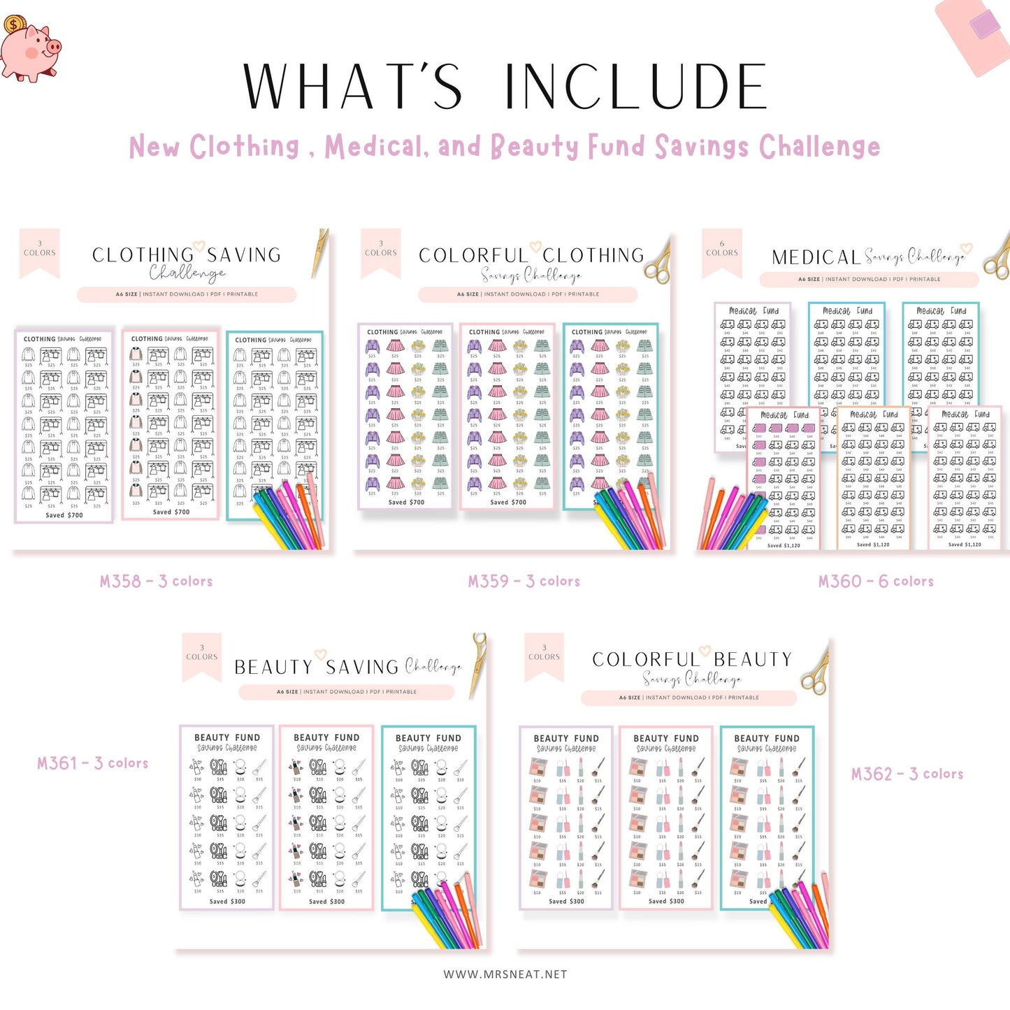 Collection of savings challenge charts for clothing, medical, and beauty funds with colorful designs on a white background.