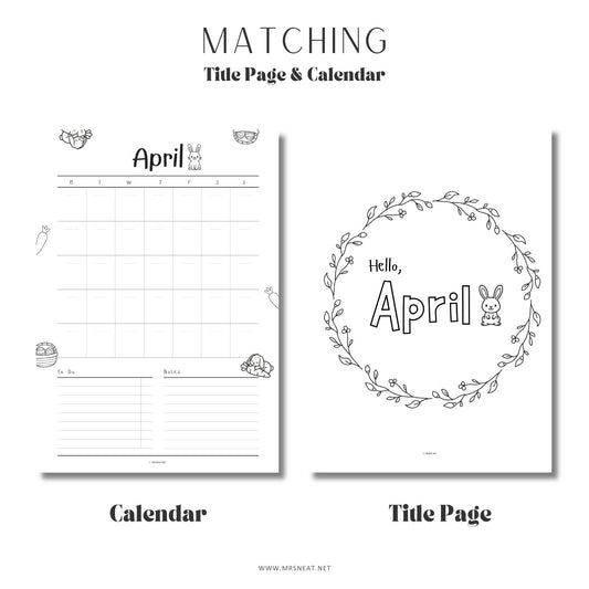 Two black and white pages labeled 'Calendar' and 'Title Page' for April, featuring minimalistic design.