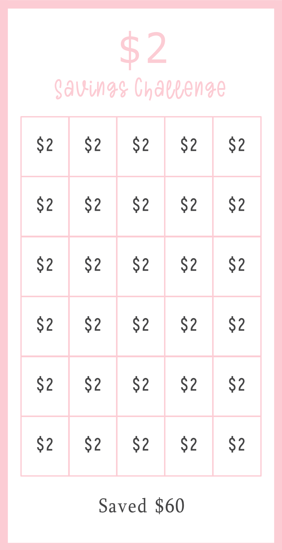Savings challenge tracker with $2 increments and a pink border.