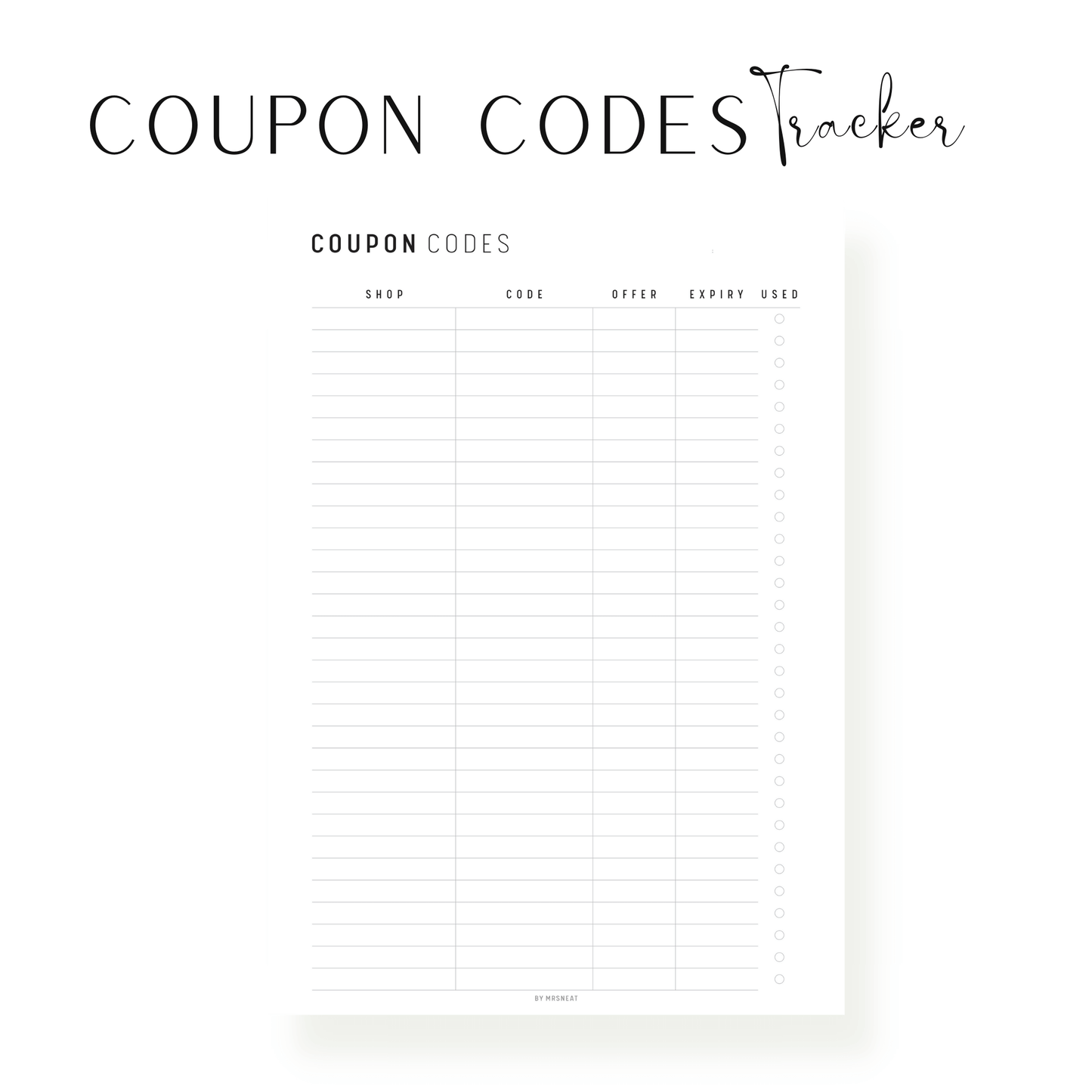 Coupon Code Tracker Printable